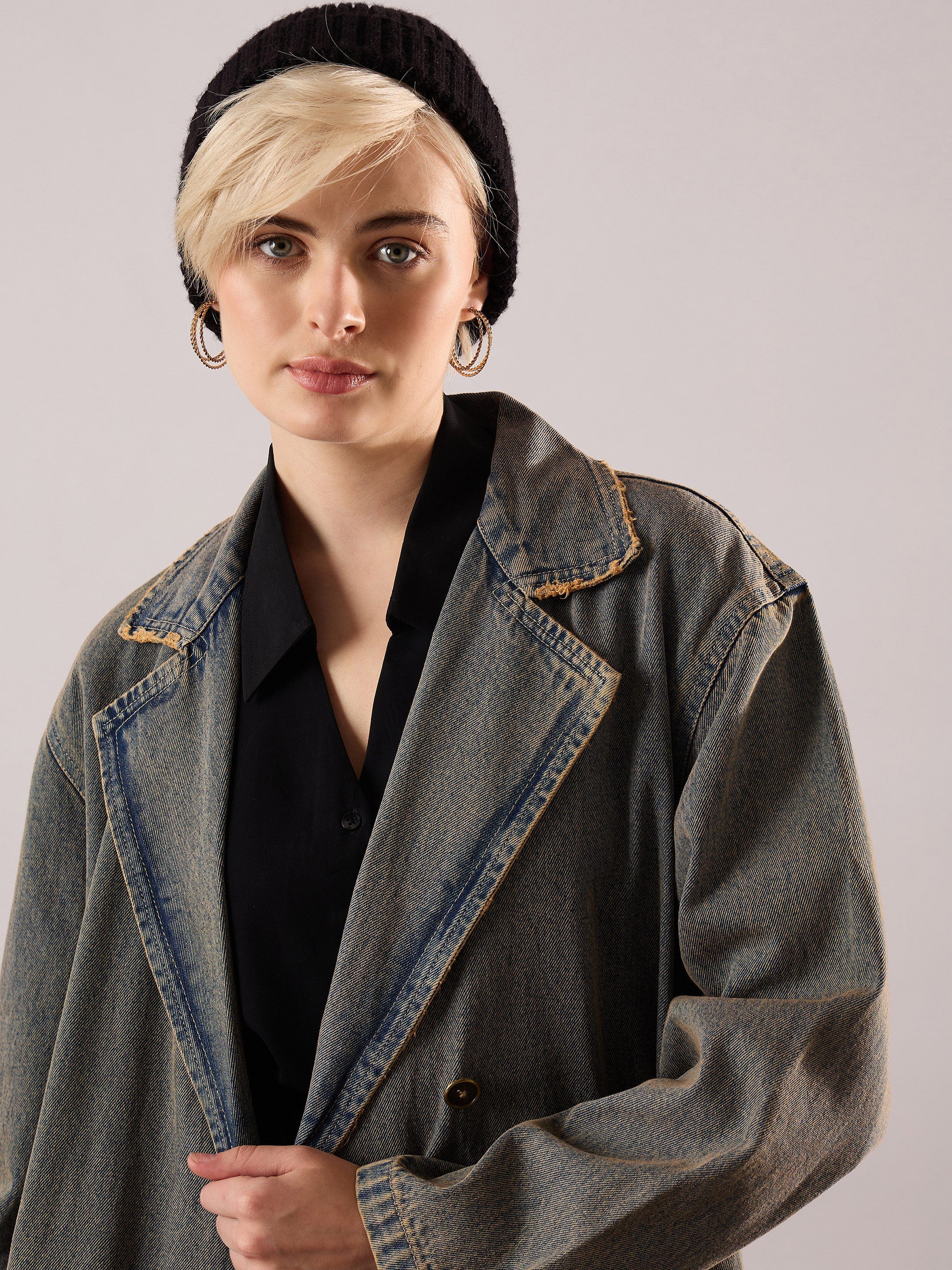 Women Blue Vintage Washed Denim Over Coat-SFJCKT60353