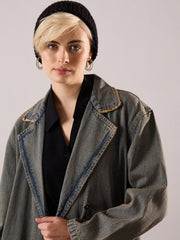 Women Blue Vintage Washed Denim Over Coat-SFJCKT60353