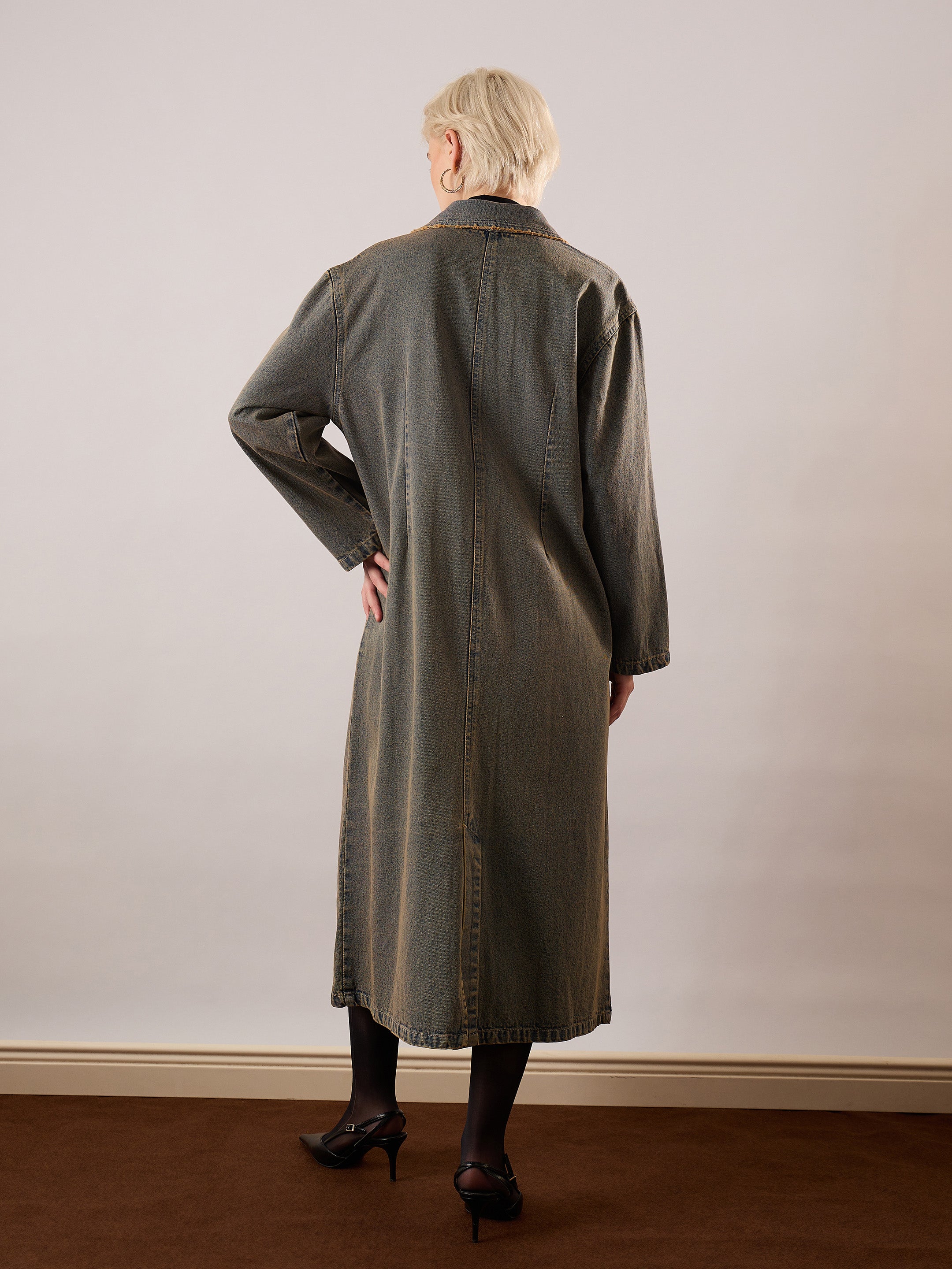 Women Blue Vintage Washed Denim Over Coat-SFJCKT60353