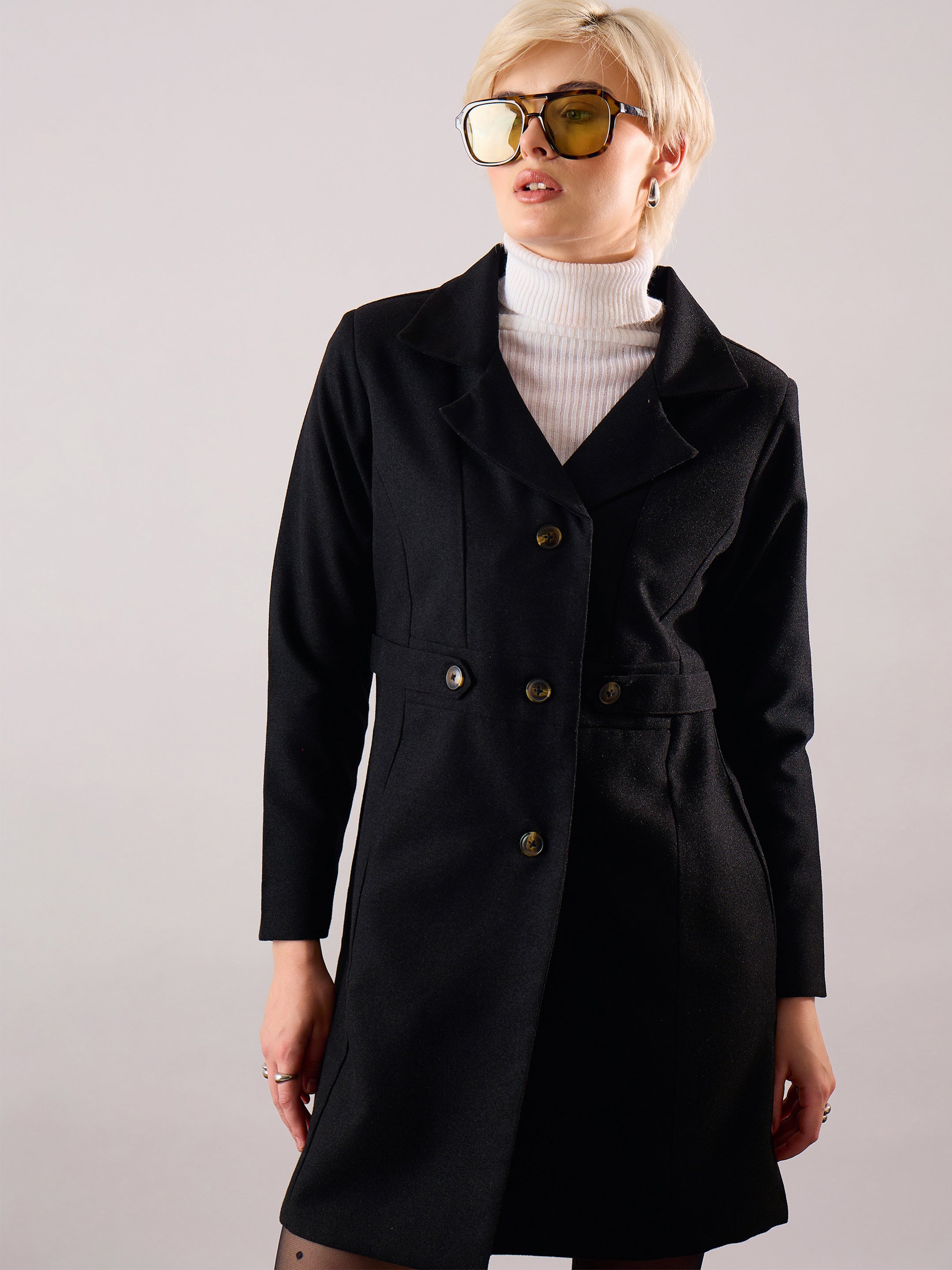 Women Black Tweed Longline Blazer-SFJCKT60354