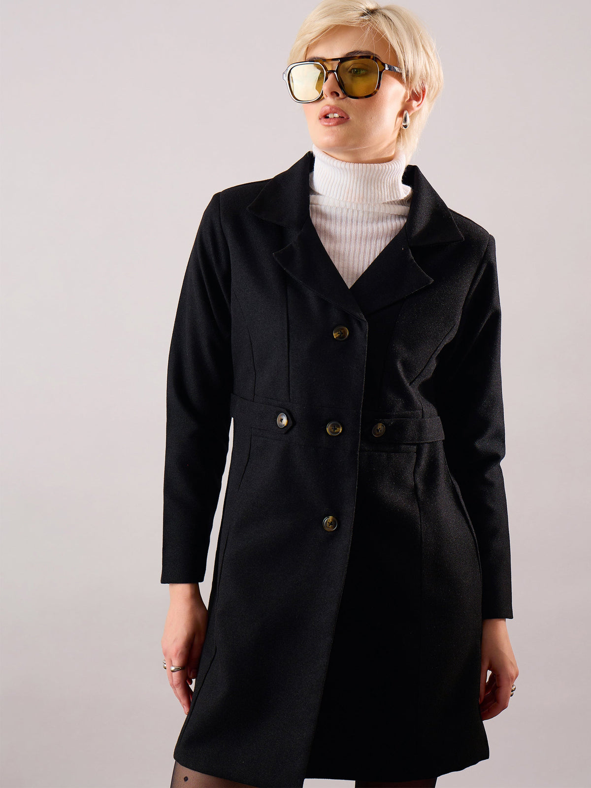 Women Black Tweed Longline Blazer-SFJCKT60354