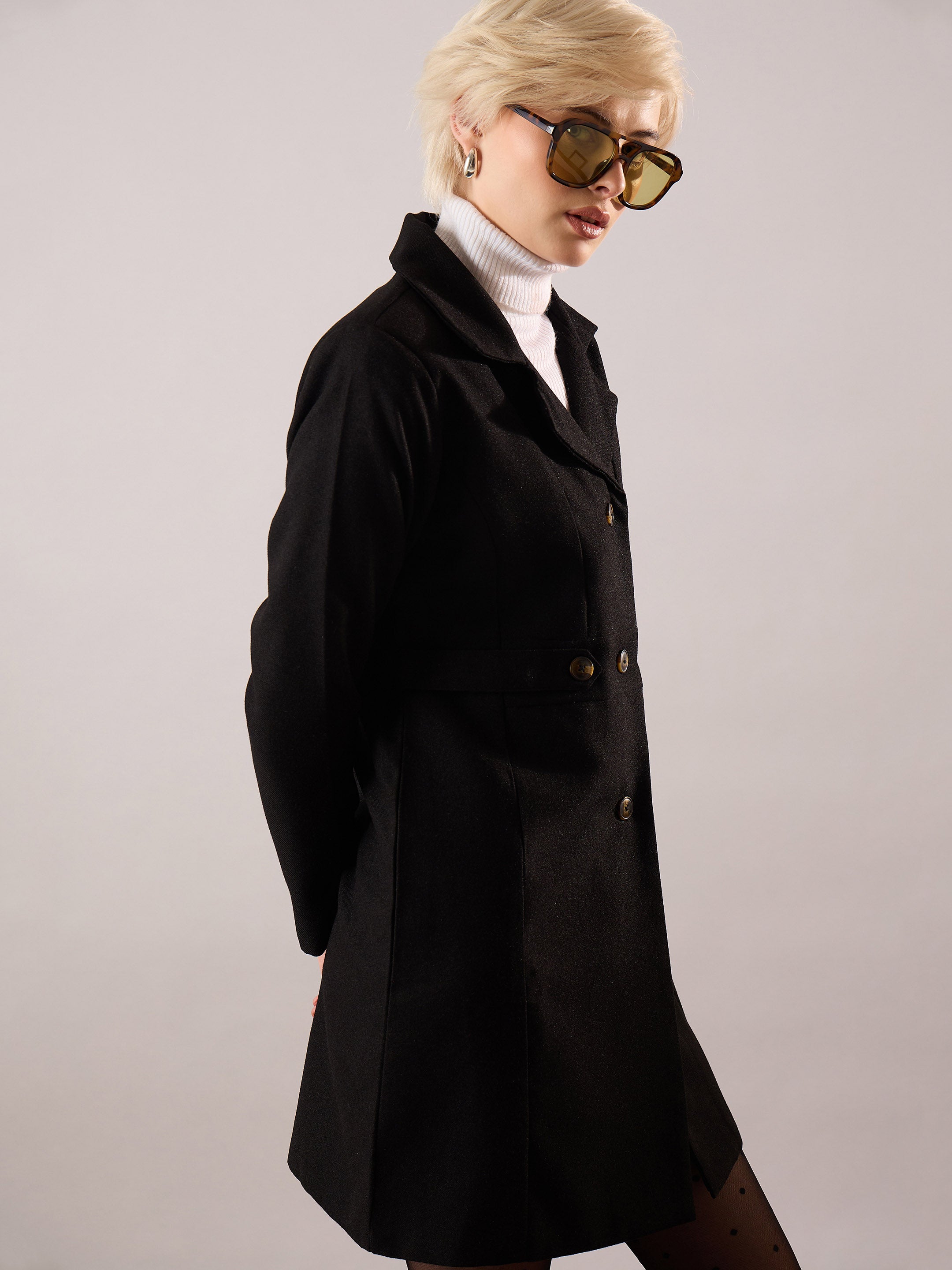 Women Black Tweed Longline Blazer-SFJCKT60354