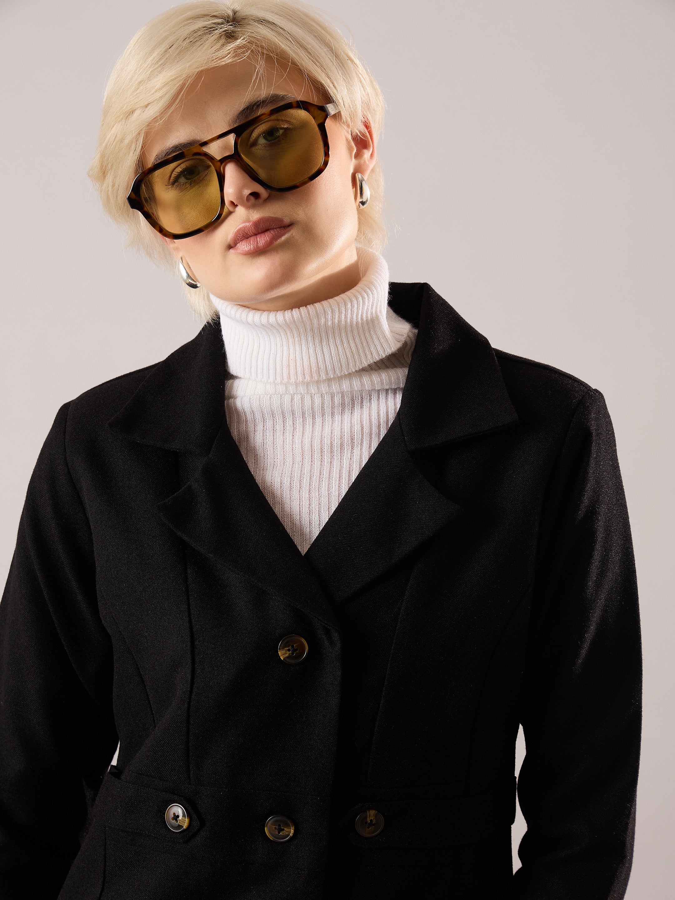 Women Black Tweed Longline Blazer-SFJCKT60354