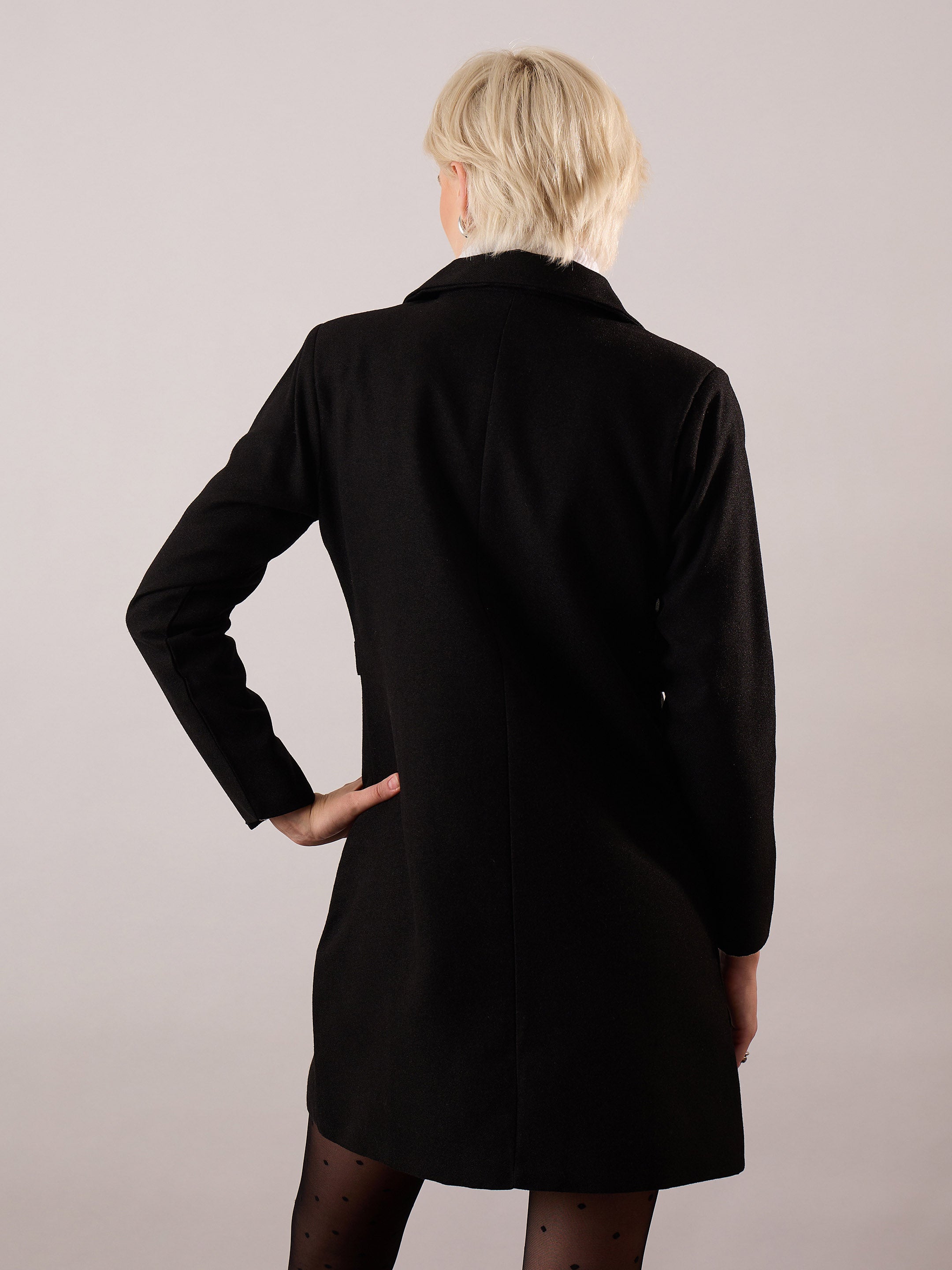 Women Black Tweed Longline Blazer-SFJCKT60354