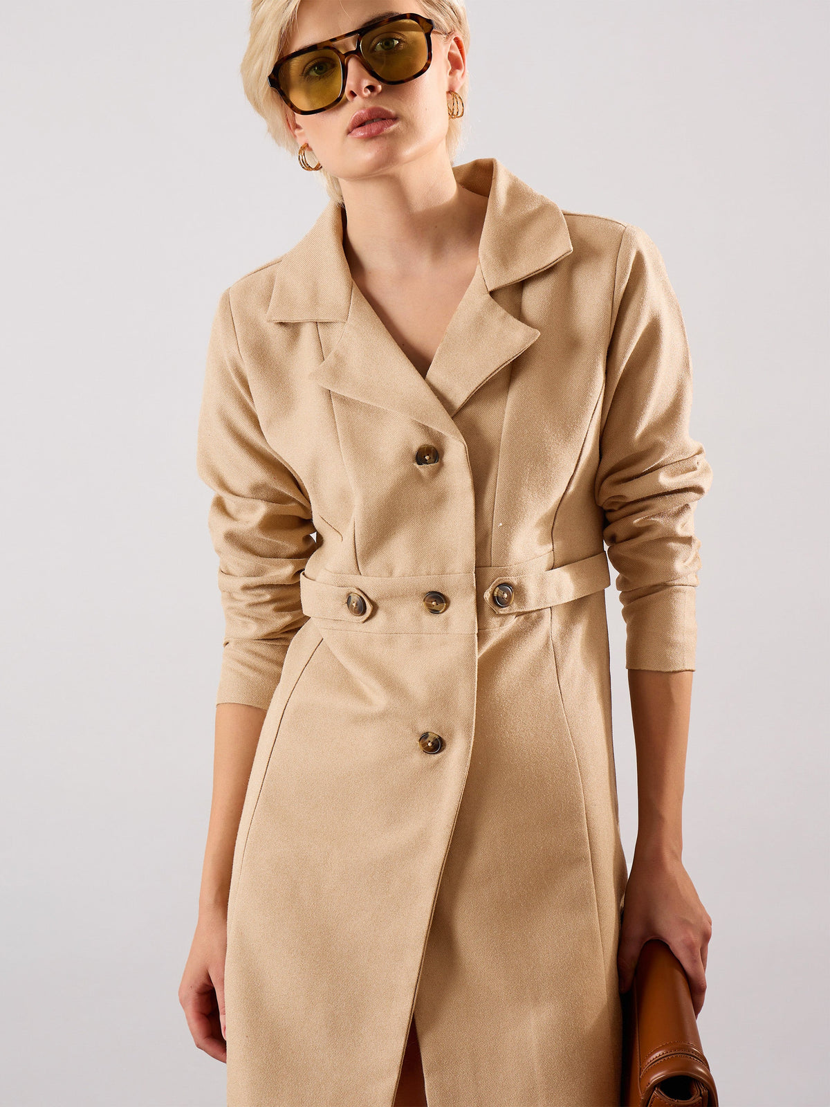 Women Beige Tweed Longline Blazer-SFJCKT60355