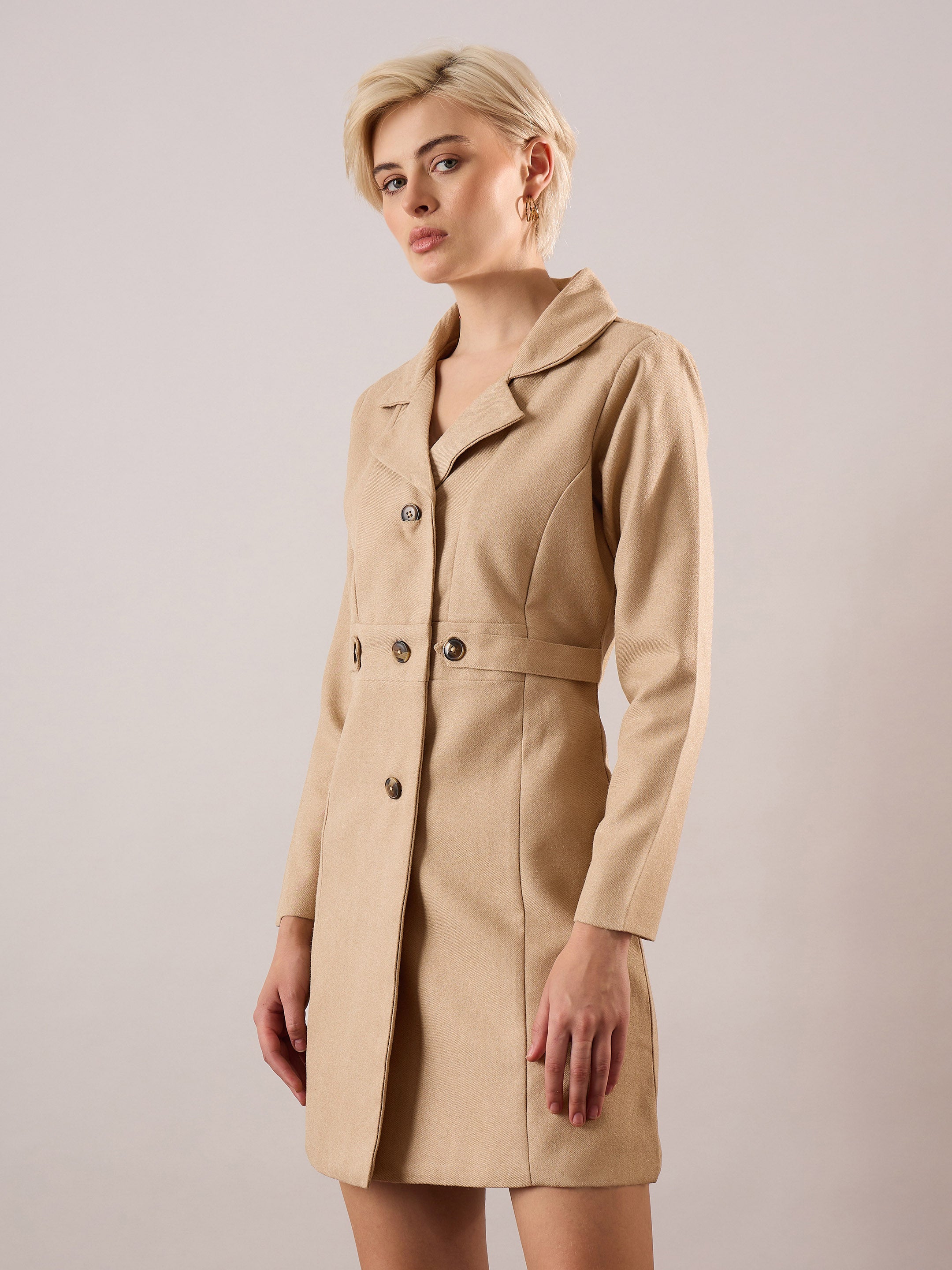 Women Beige Tweed Longline Blazer-SFJCKT60355