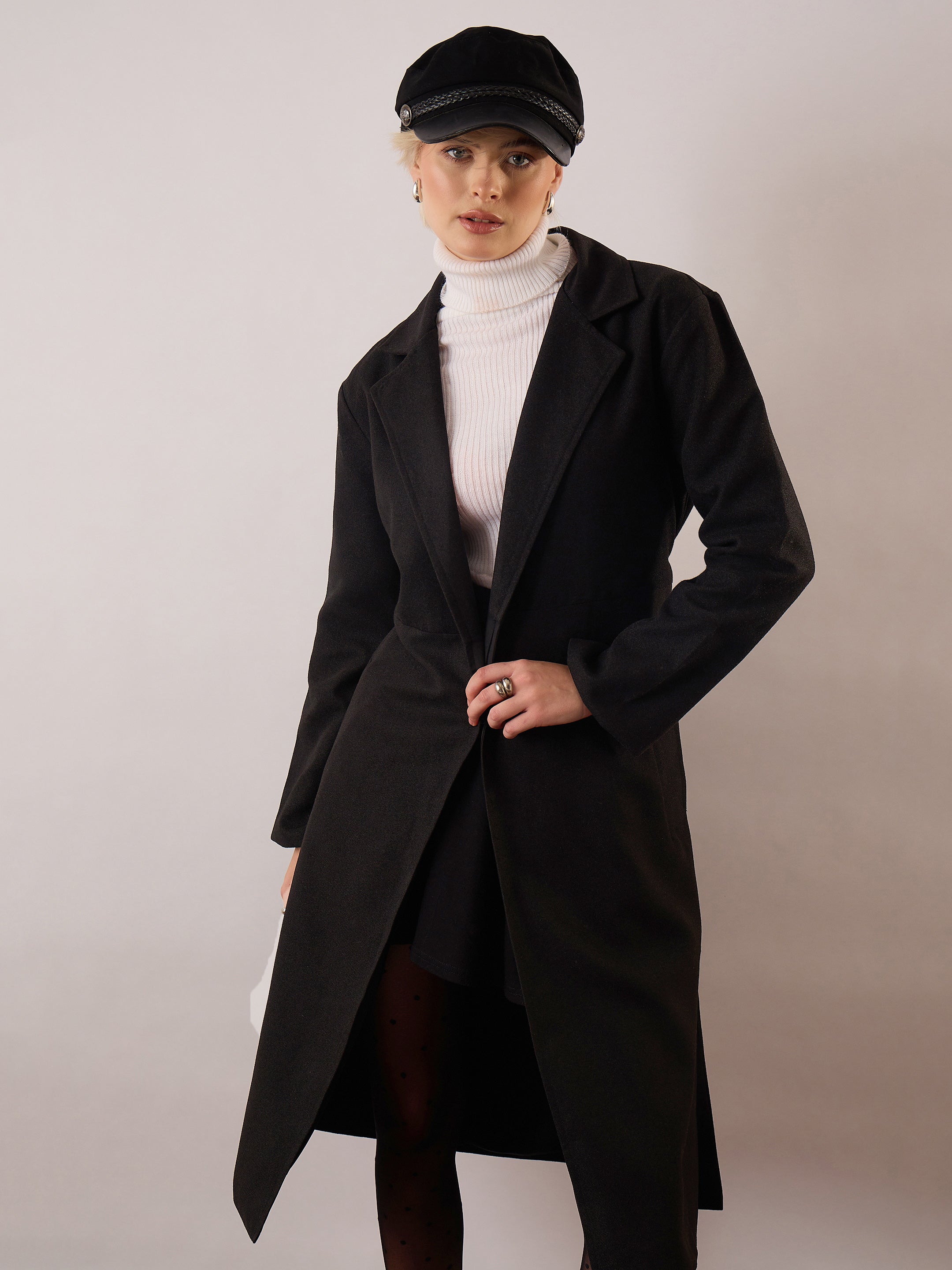 Women Black Tweed Belted Over Coat-SFJCKT60356