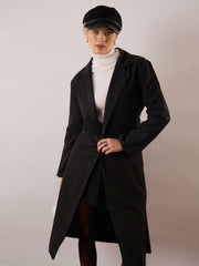 Women Black Tweed Belted Over Coat-SFJCKT60356