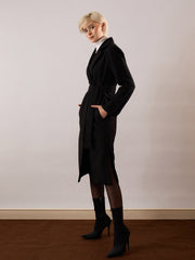 Women Black Tweed Belted Over Coat-SFJCKT60356