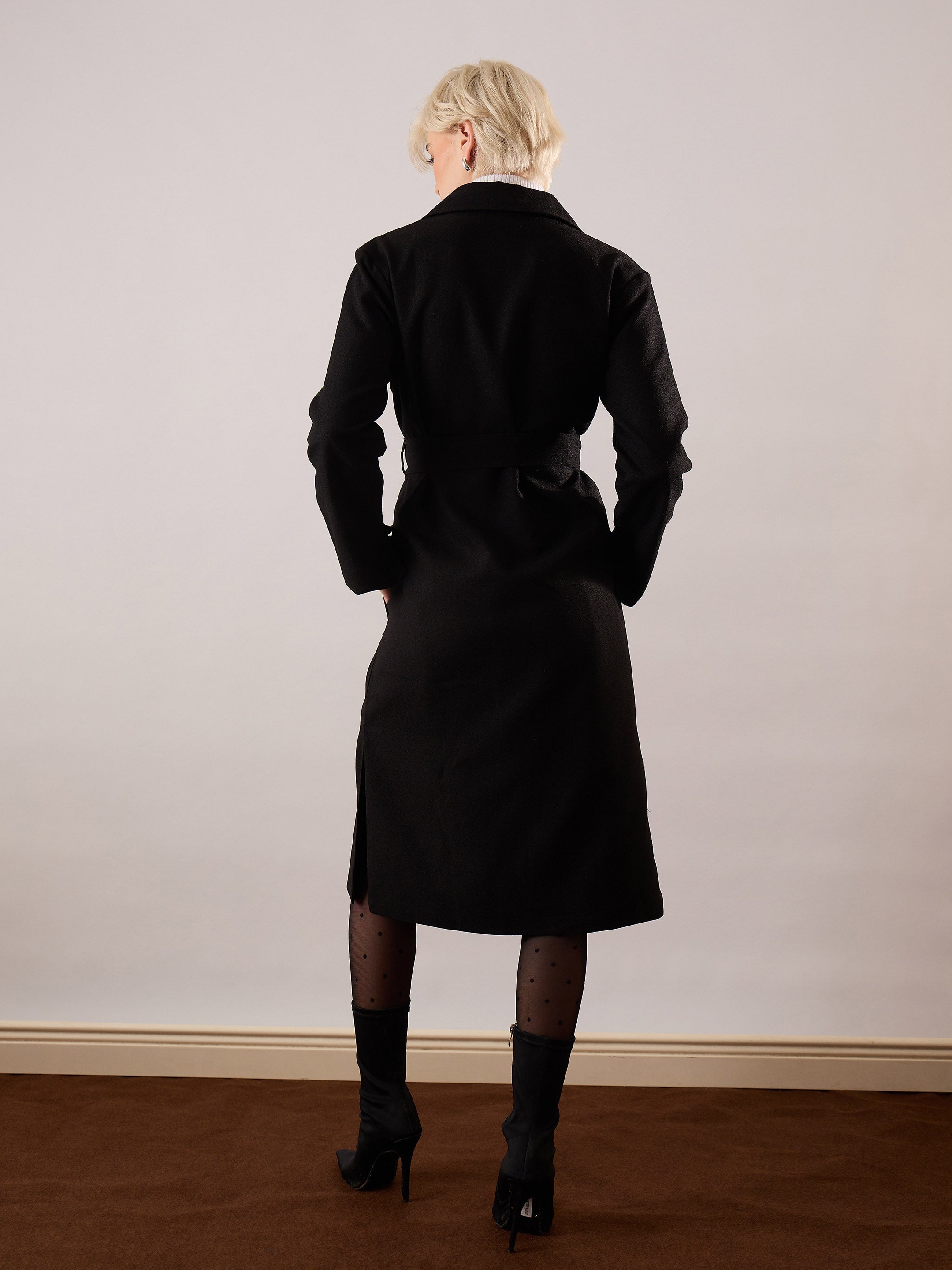 Women Black Tweed Belted Over Coat-SFJCKT60356