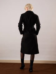 Women Black Tweed Belted Over Coat-SFJCKT60356