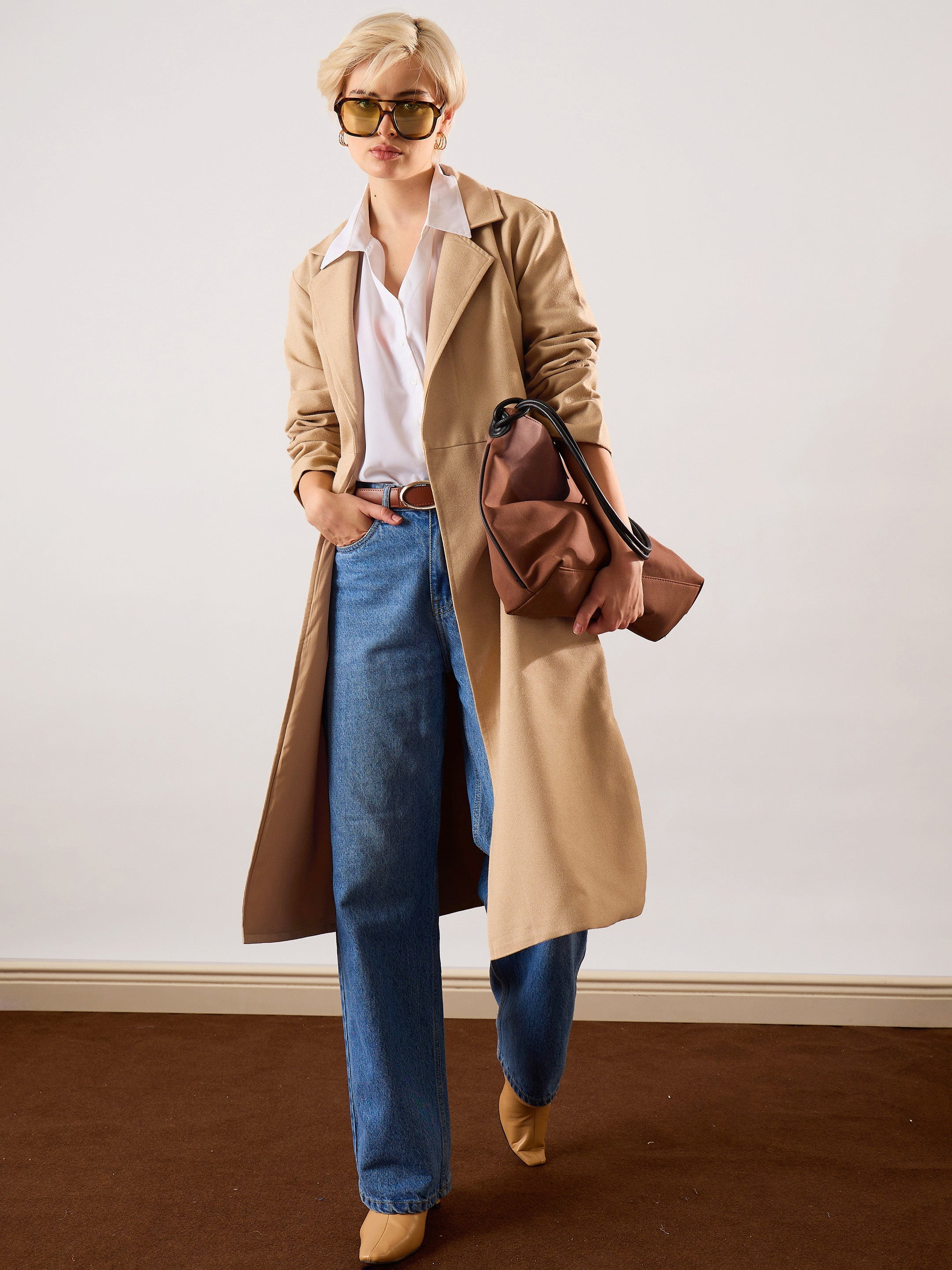 Women Beige Tweed Belted Over Coat-SFJCKT60357