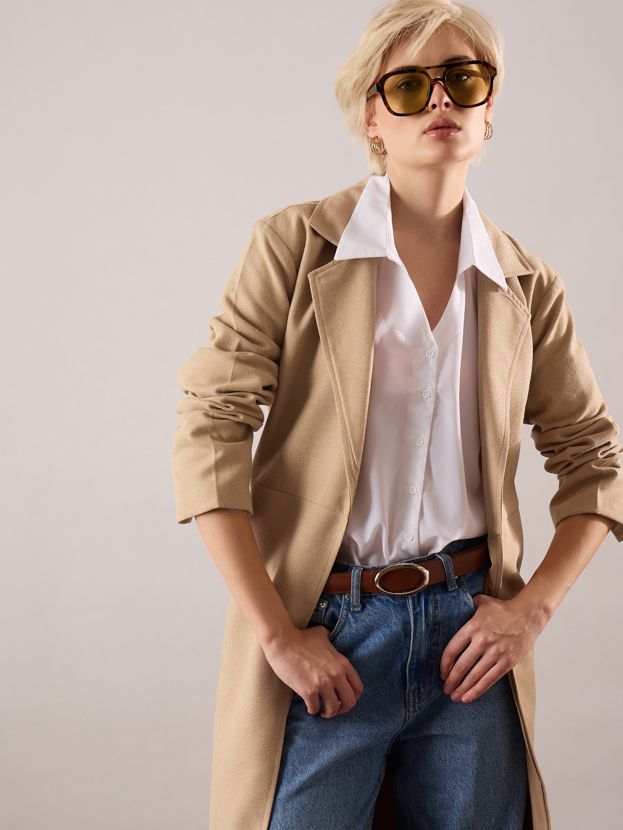 Women Beige Tweed Belted Over Coat-SFJCKT60357
