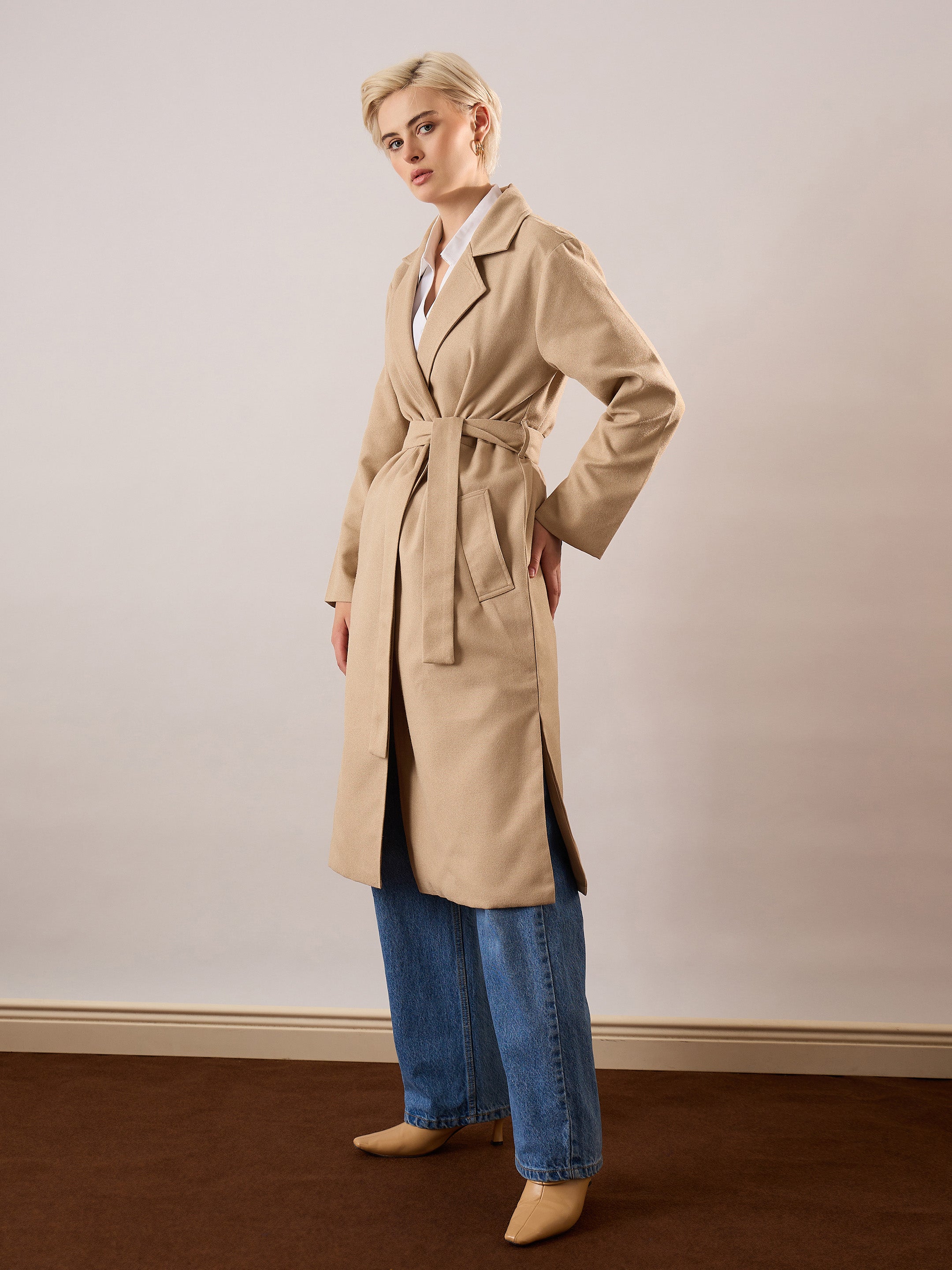 Women Beige Tweed Belted Over Coat-SFJCKT60357
