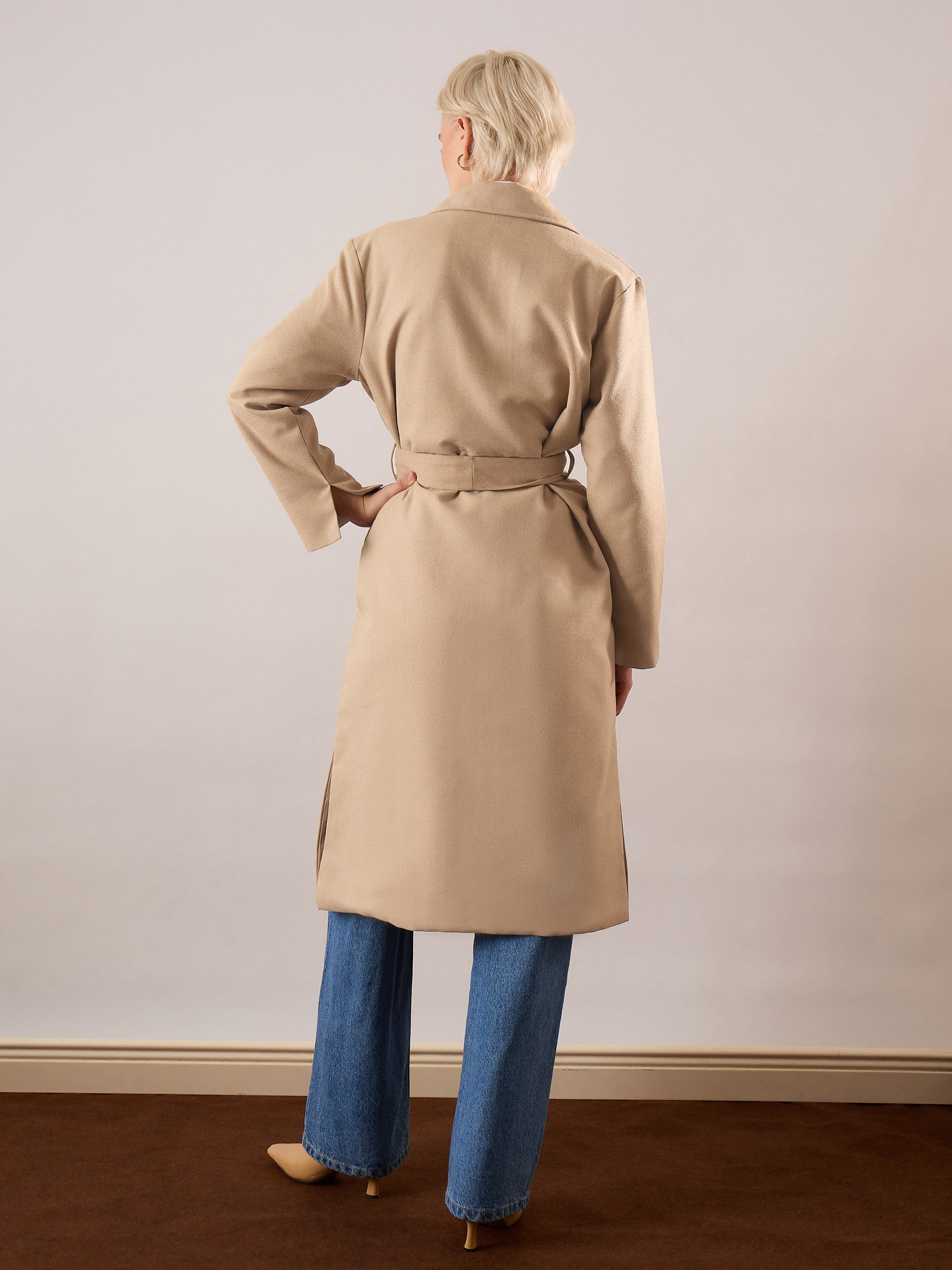 Women Beige Tweed Belted Over Coat-SFJCKT60357
