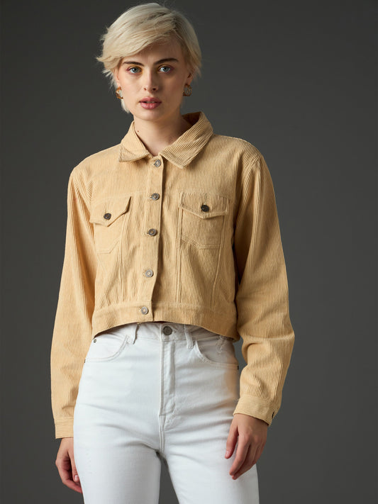 Women Light Beige Corduroy Boxy Crop Jacket-SFJCKT60358 2160
