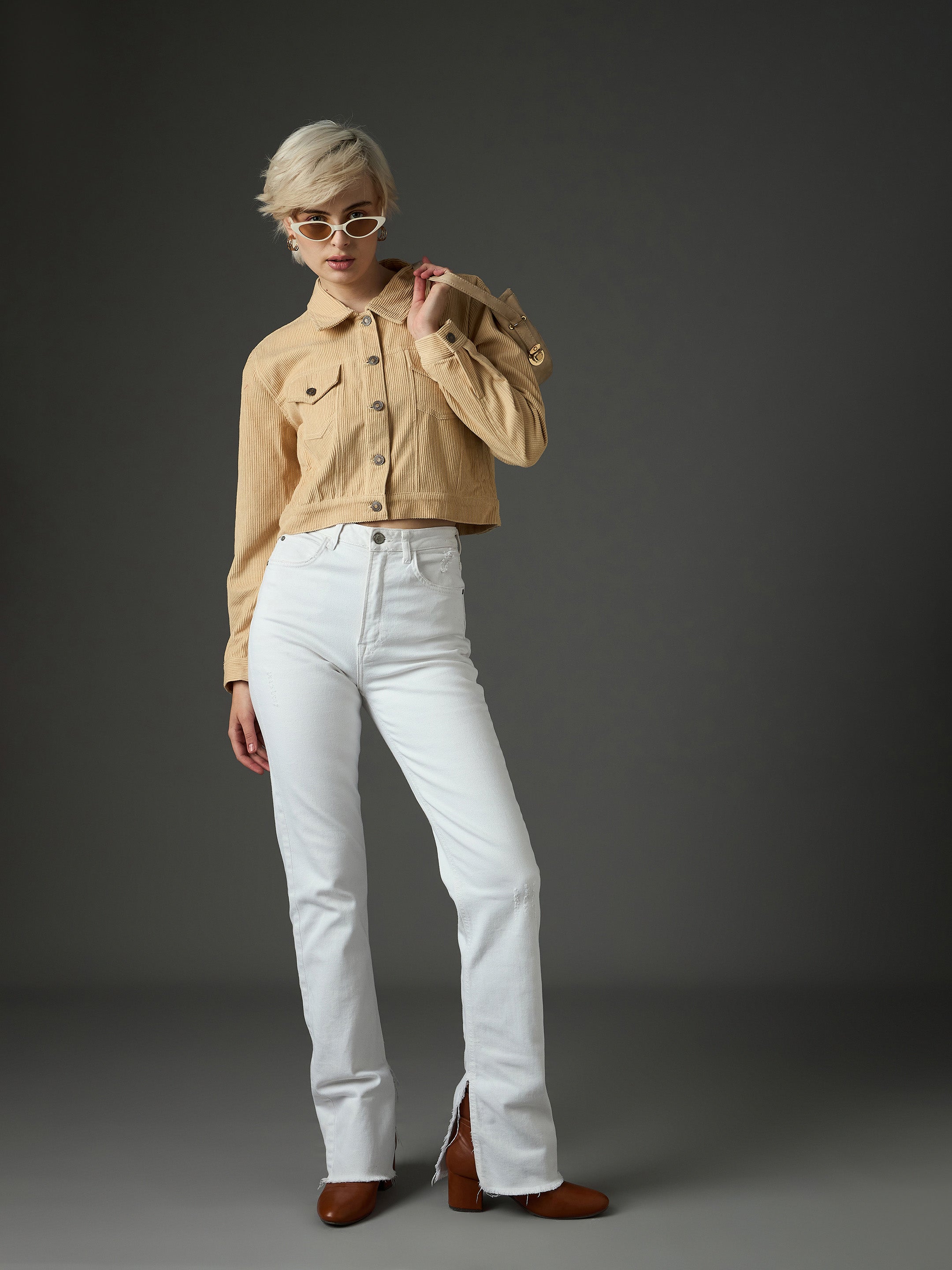 Women Light Beige Corduroy Boxy Crop Jacket-SFJCKT60358