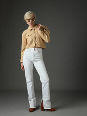 Women Light Beige Corduroy Boxy Crop Jacket-SFJCKT60358