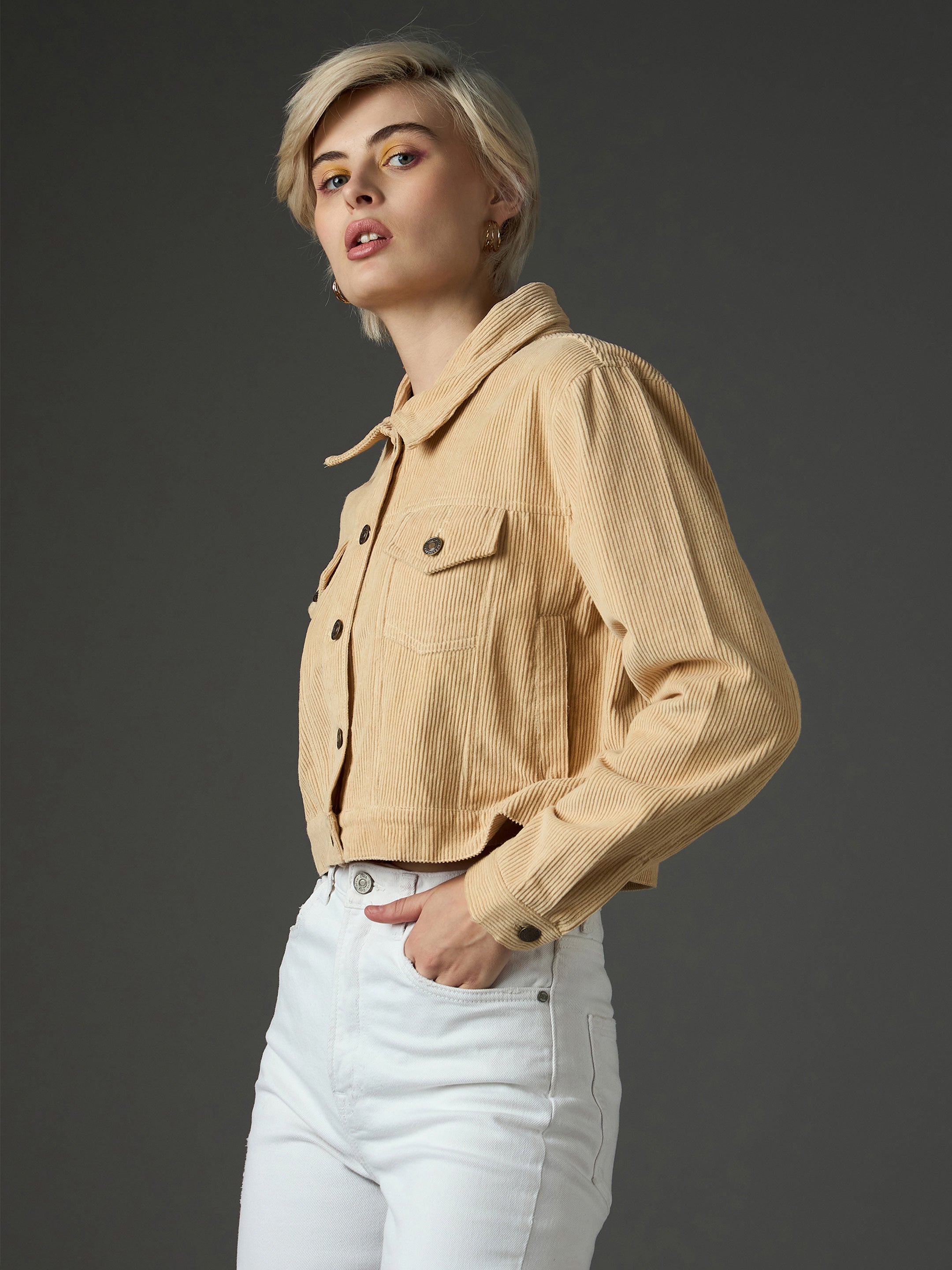 Women Light Beige Corduroy Boxy Crop Jacket-SFJCKT60358