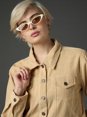 Women Light Beige Corduroy Boxy Crop Jacket-SFJCKT60358