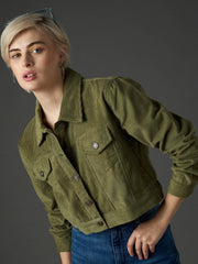 Women Olive Corduroy Boxy Crop Jacket-SFJCKT60359