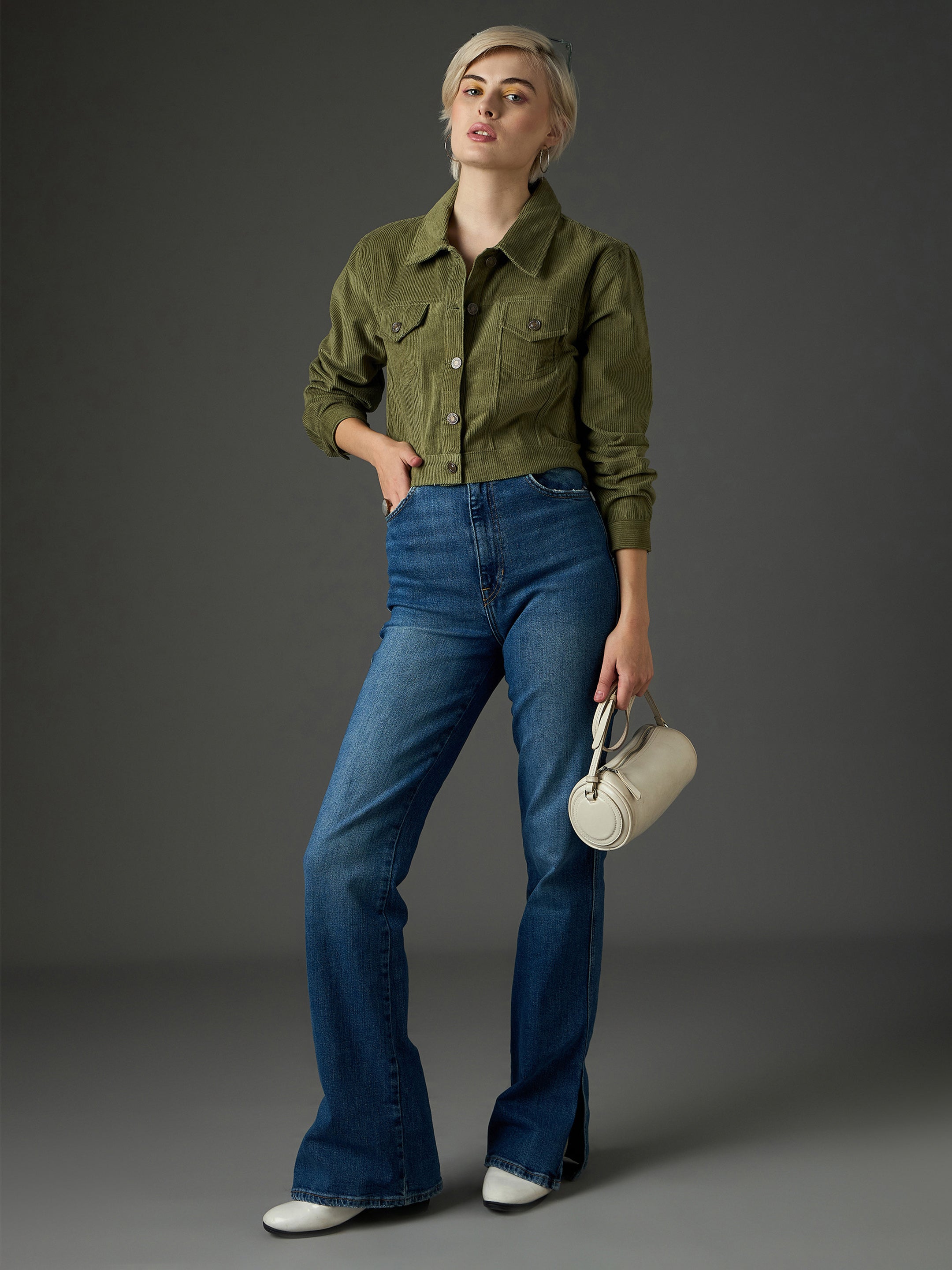 Women Olive Corduroy Boxy Crop Jacket-SFJCKT60359