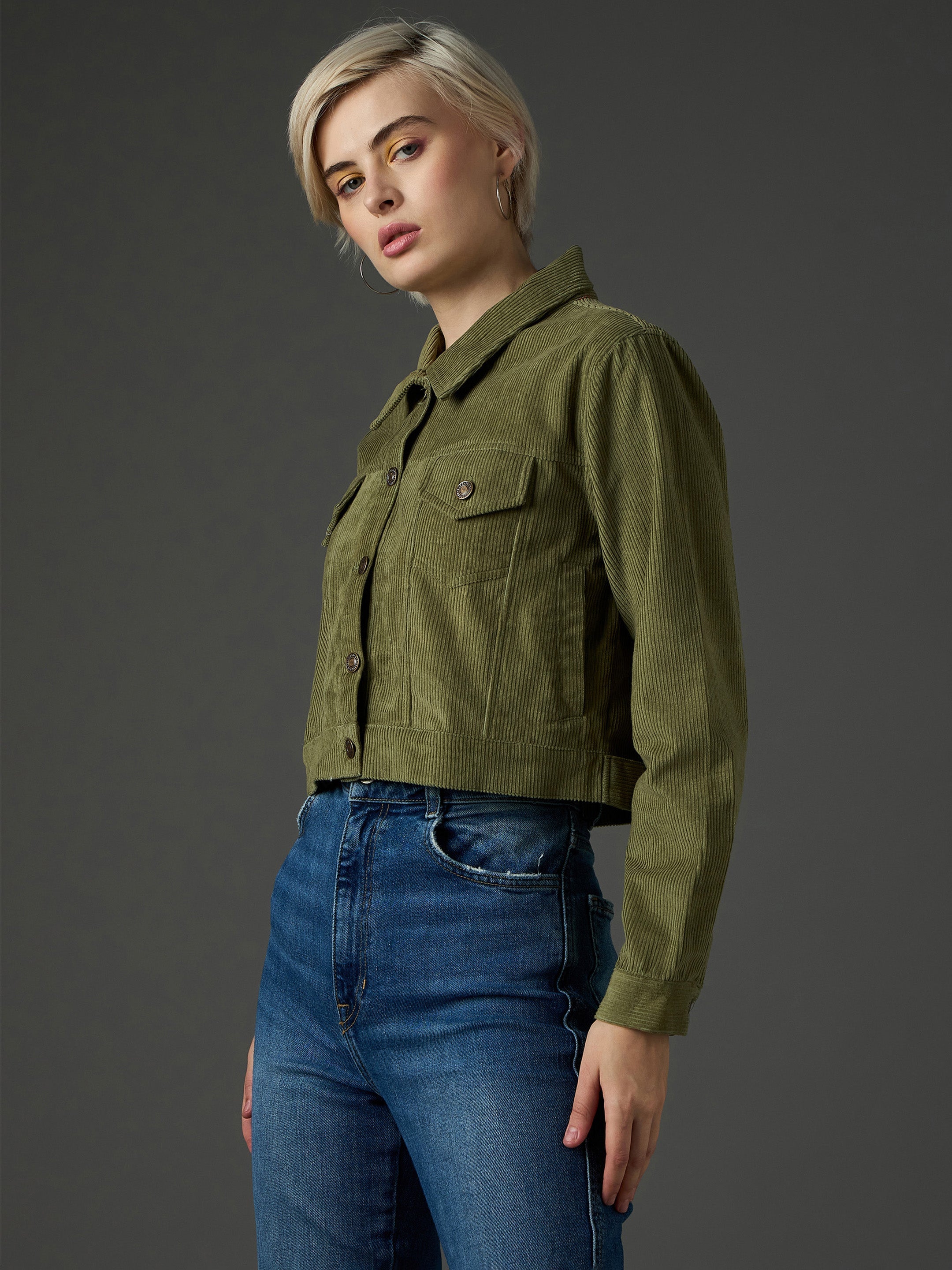 Women Olive Corduroy Boxy Crop Jacket-SFJCKT60359