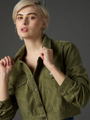 Women Olive Corduroy Boxy Crop Jacket-SFJCKT60359
