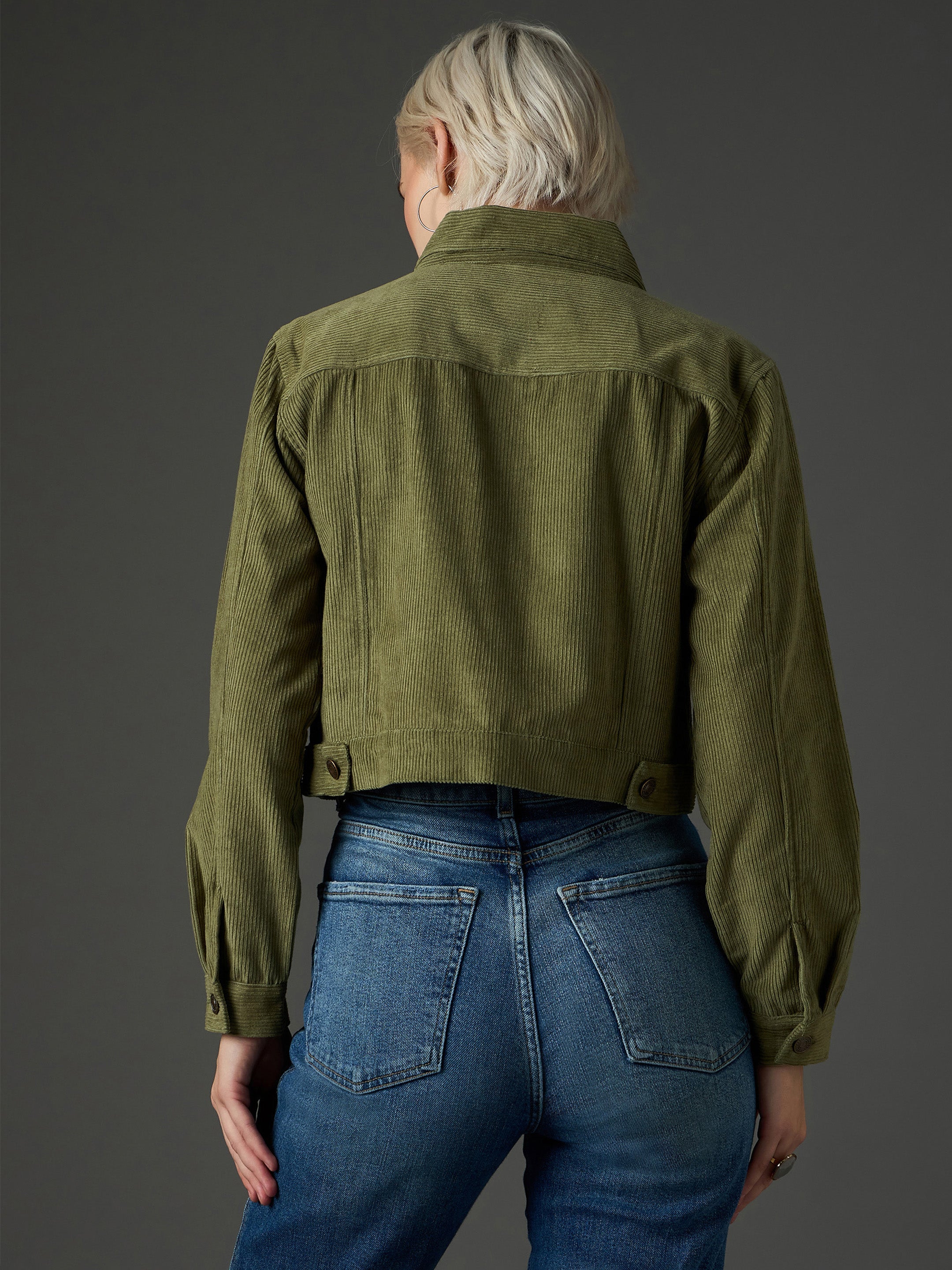 Women Olive Corduroy Boxy Crop Jacket-SFJCKT60359
