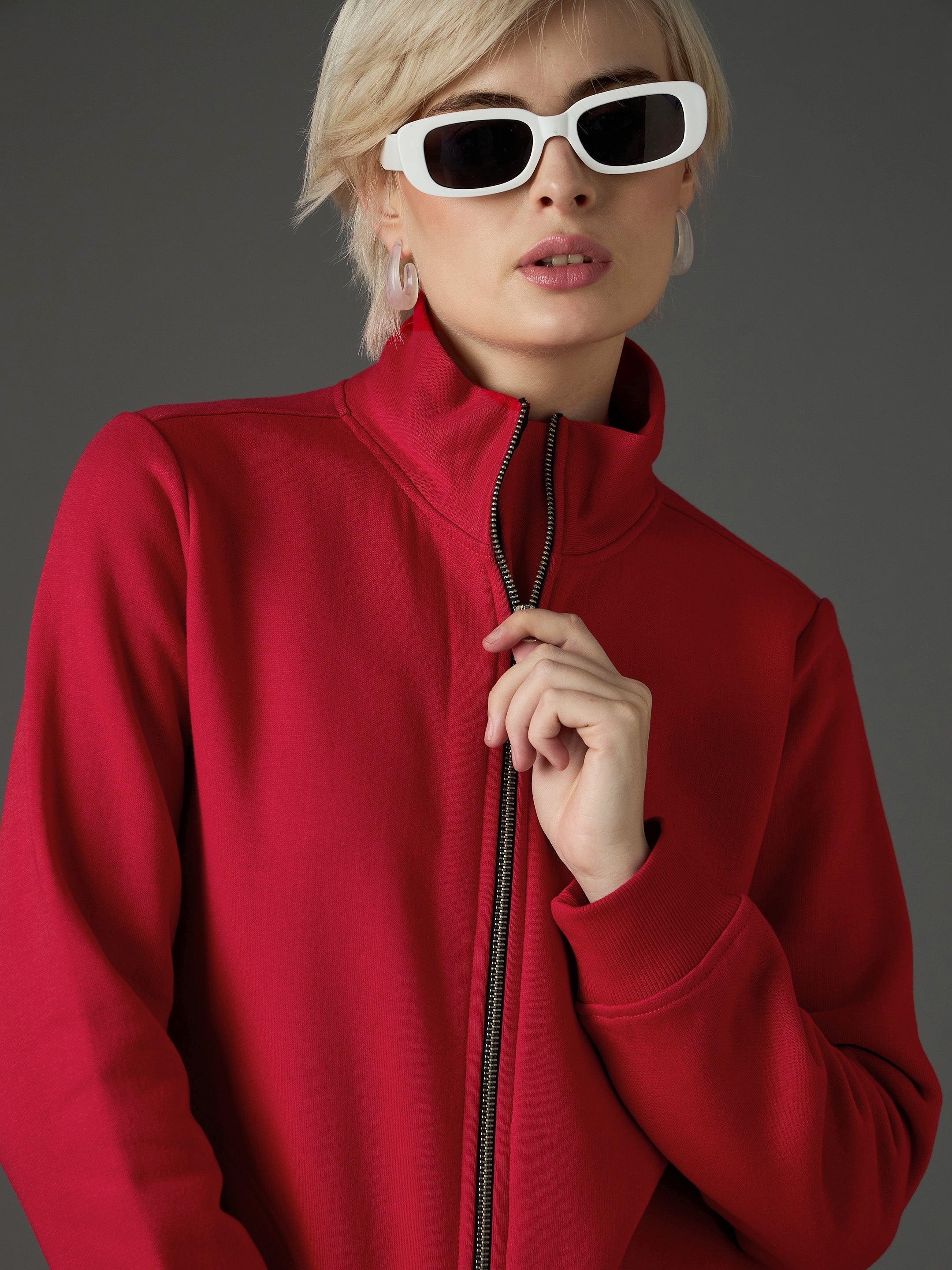 Women Red Fleece Front Zipper Regular Fit Jacket-SFJCKT60360