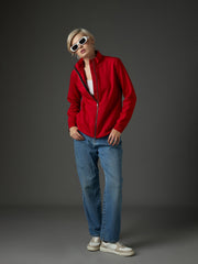 Women Red Fleece Front Zipper Regular Fit Jacket-SFJCKT60360