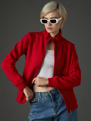 Women Red Fleece Front Zipper Regular Fit Jacket-SFJCKT60360