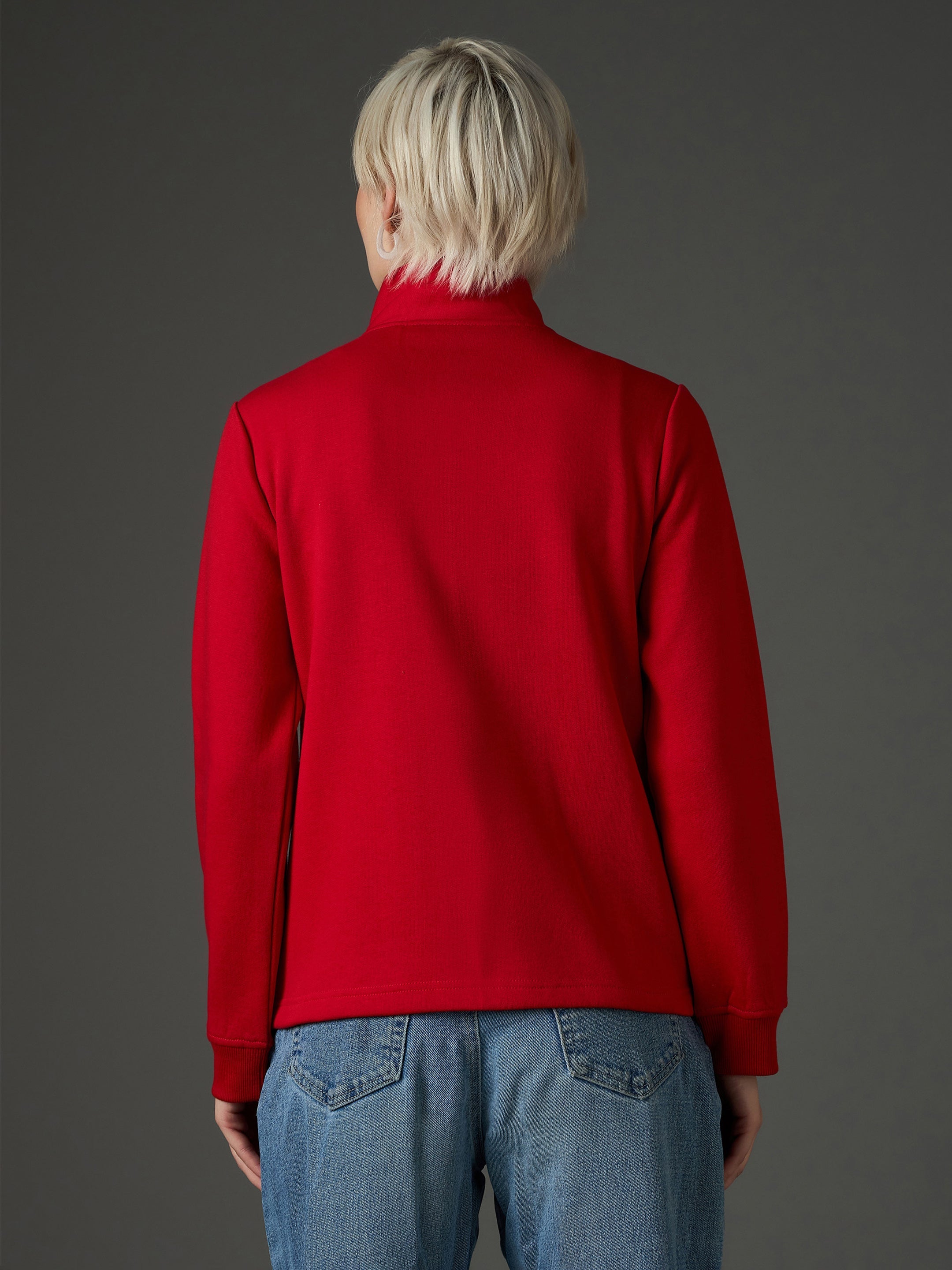 Women Red Fleece Front Zipper Regular Fit Jacket-SFJCKT60360