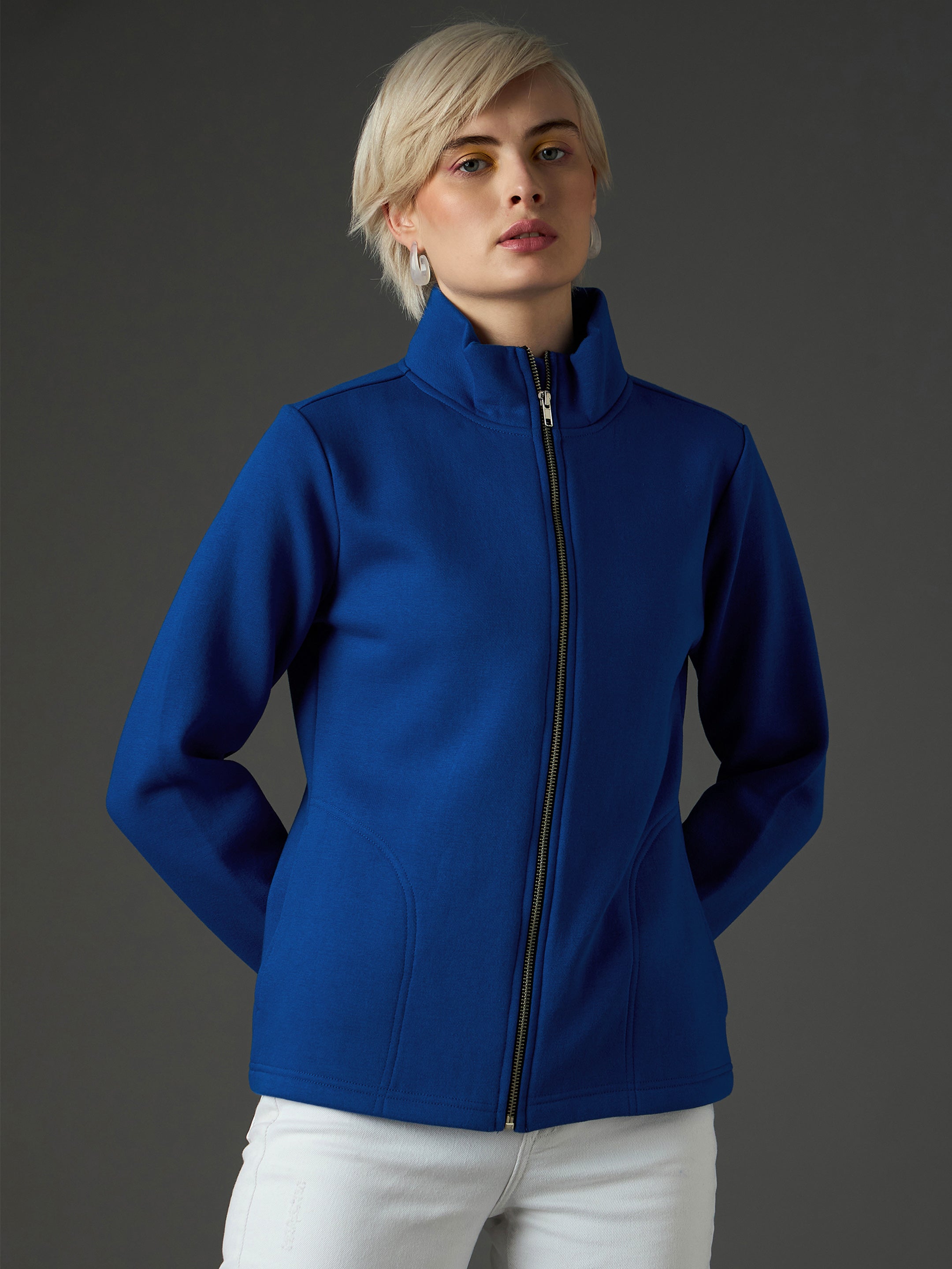 Women Royal Blue Fleece Front Zipper Jacket-SFJCKT60361