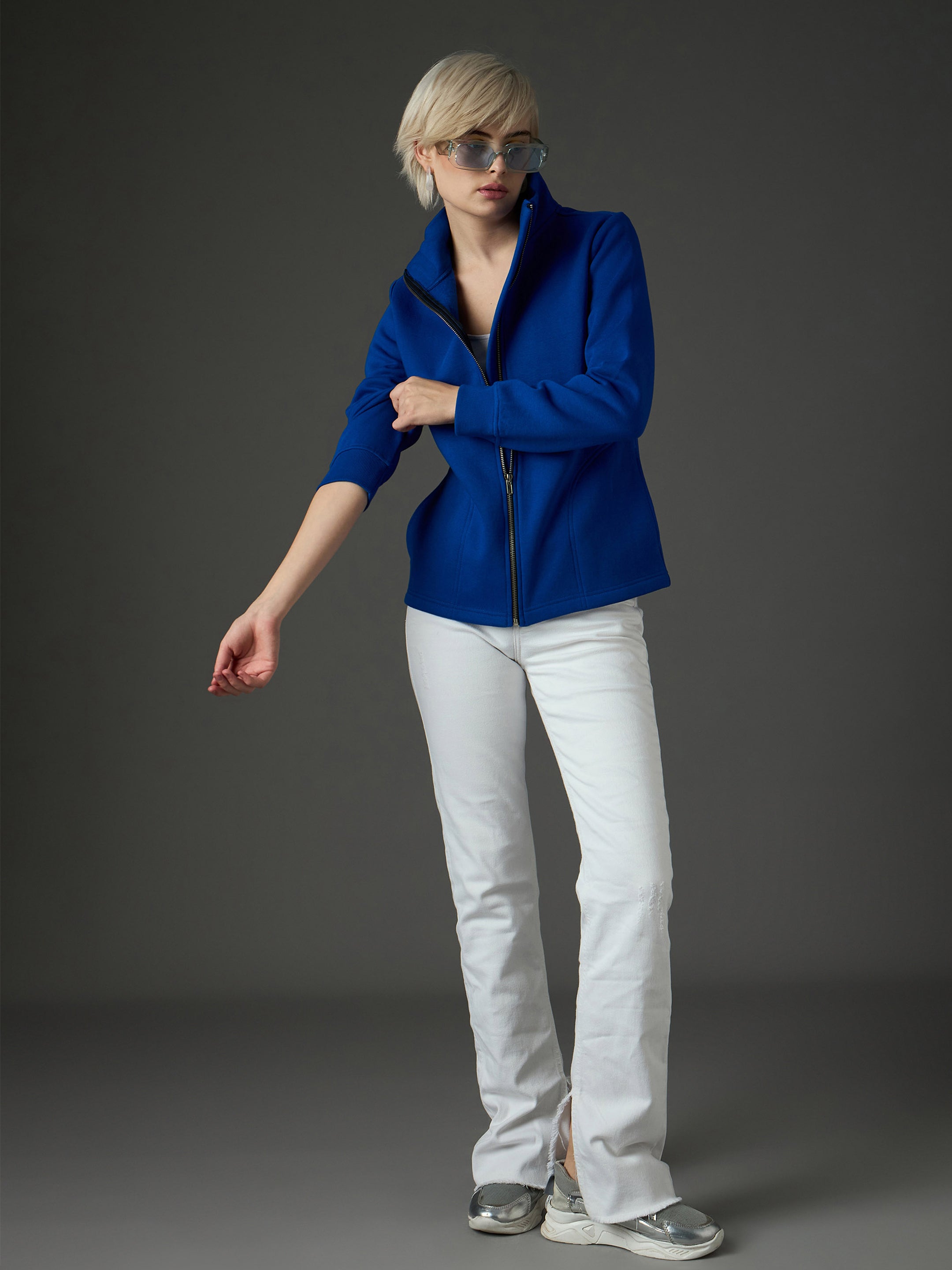 Women Royal Blue Fleece Front Zipper Jacket-SFJCKT60361