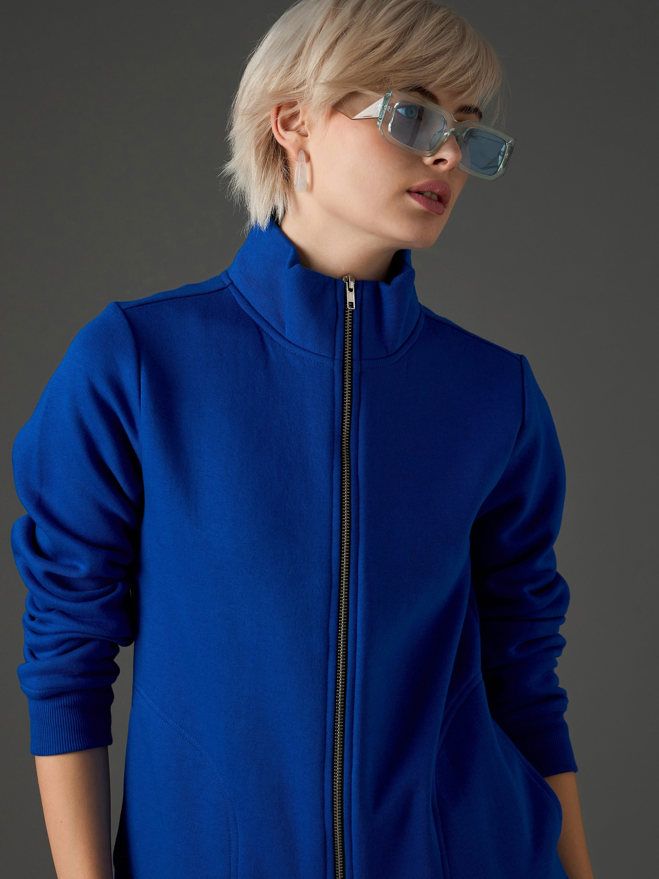 Women Royal Blue Fleece Front Zipper Jacket-SFJCKT60361