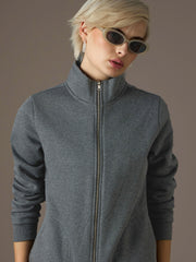 Women Dark Grey Fleece Front Zipper Jacket-SFJCKT60363