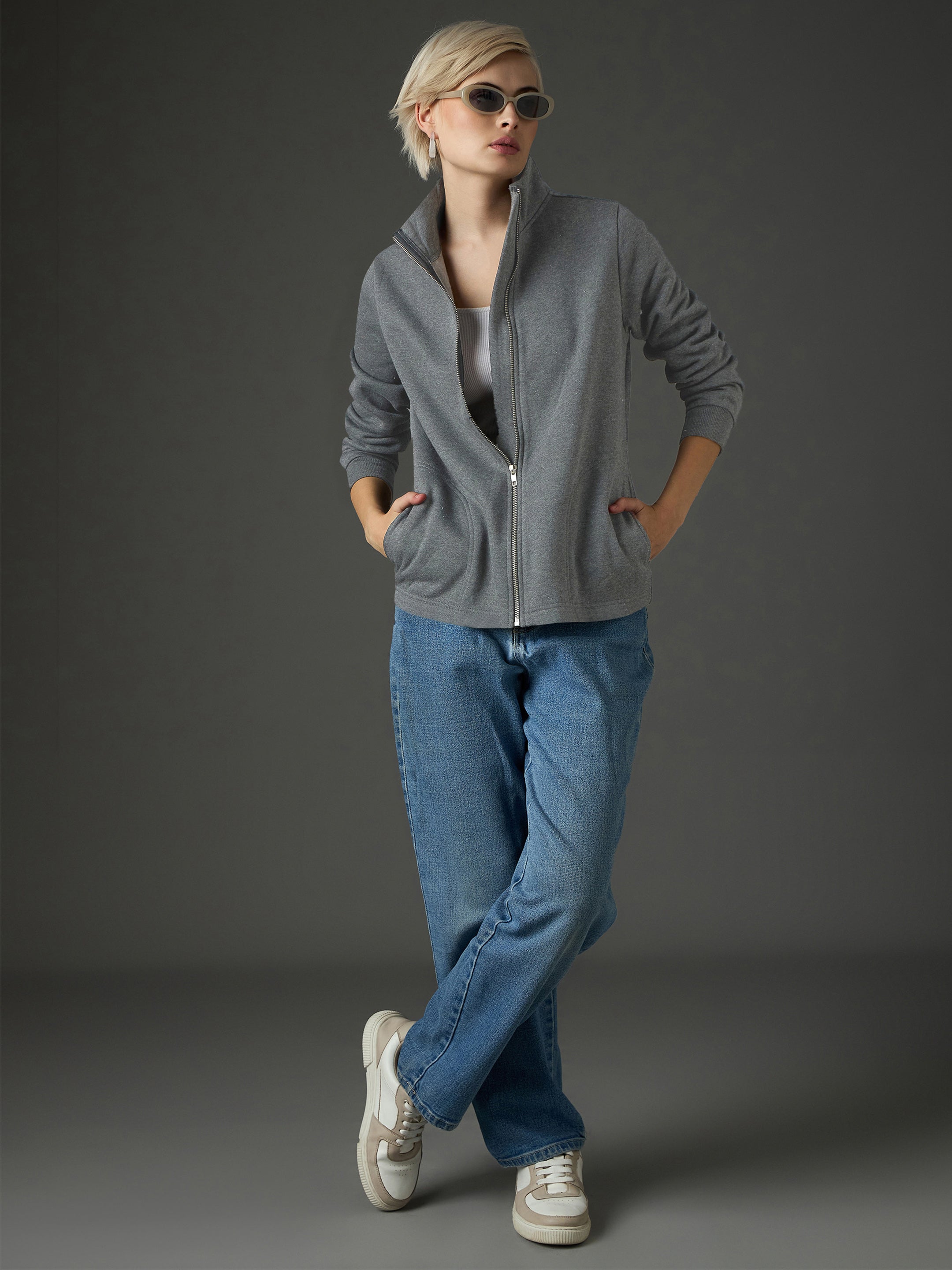 Women Dark Grey Fleece Front Zipper Jacket-SFJCKT60363