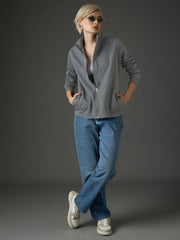 Women Dark Grey Fleece Front Zipper Jacket-SFJCKT60363