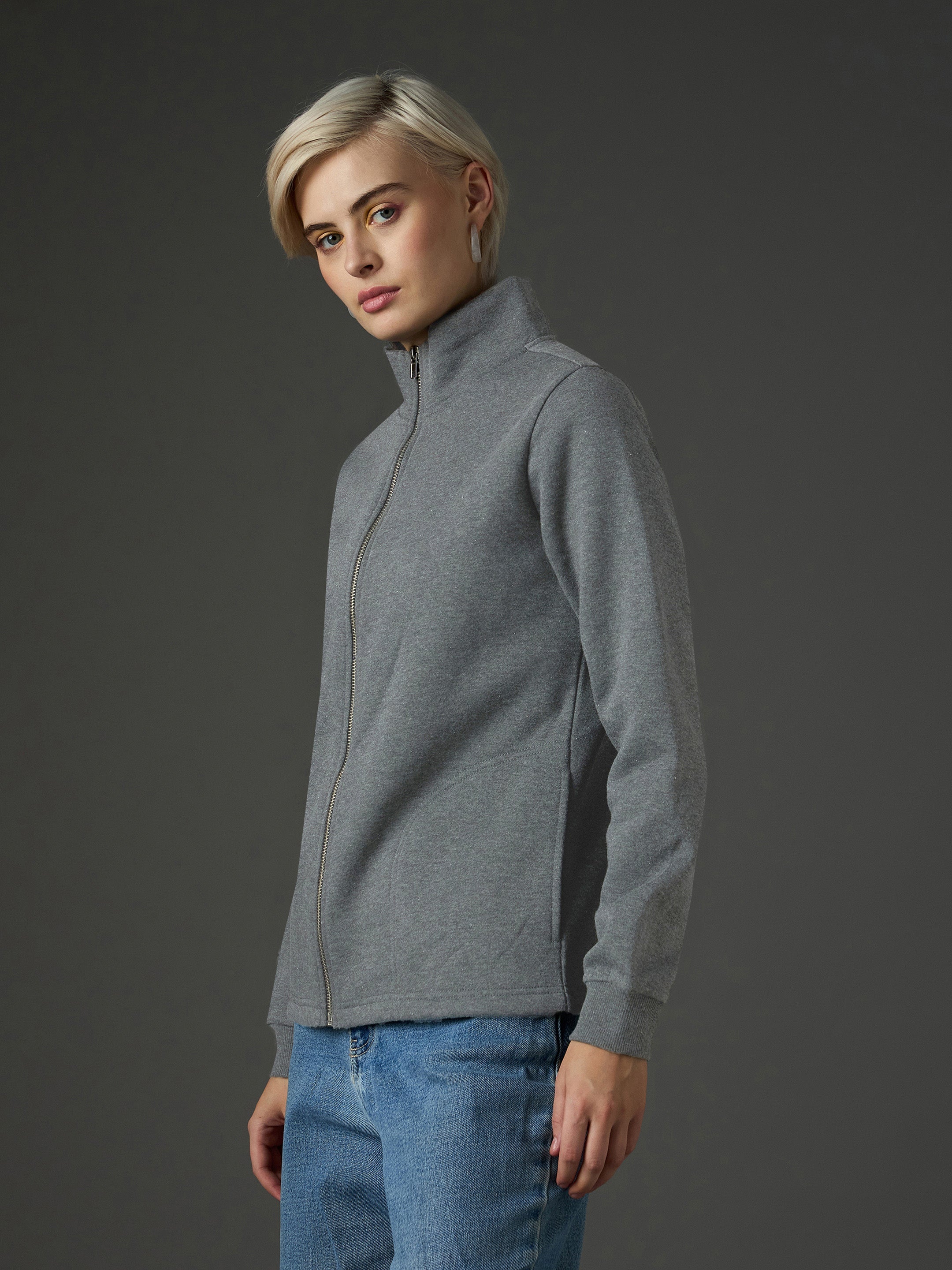 Women Dark Grey Fleece Front Zipper Jacket-SFJCKT60363