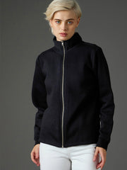 Women Black Fleece Front Zipper Jacket-SFJCKT60364