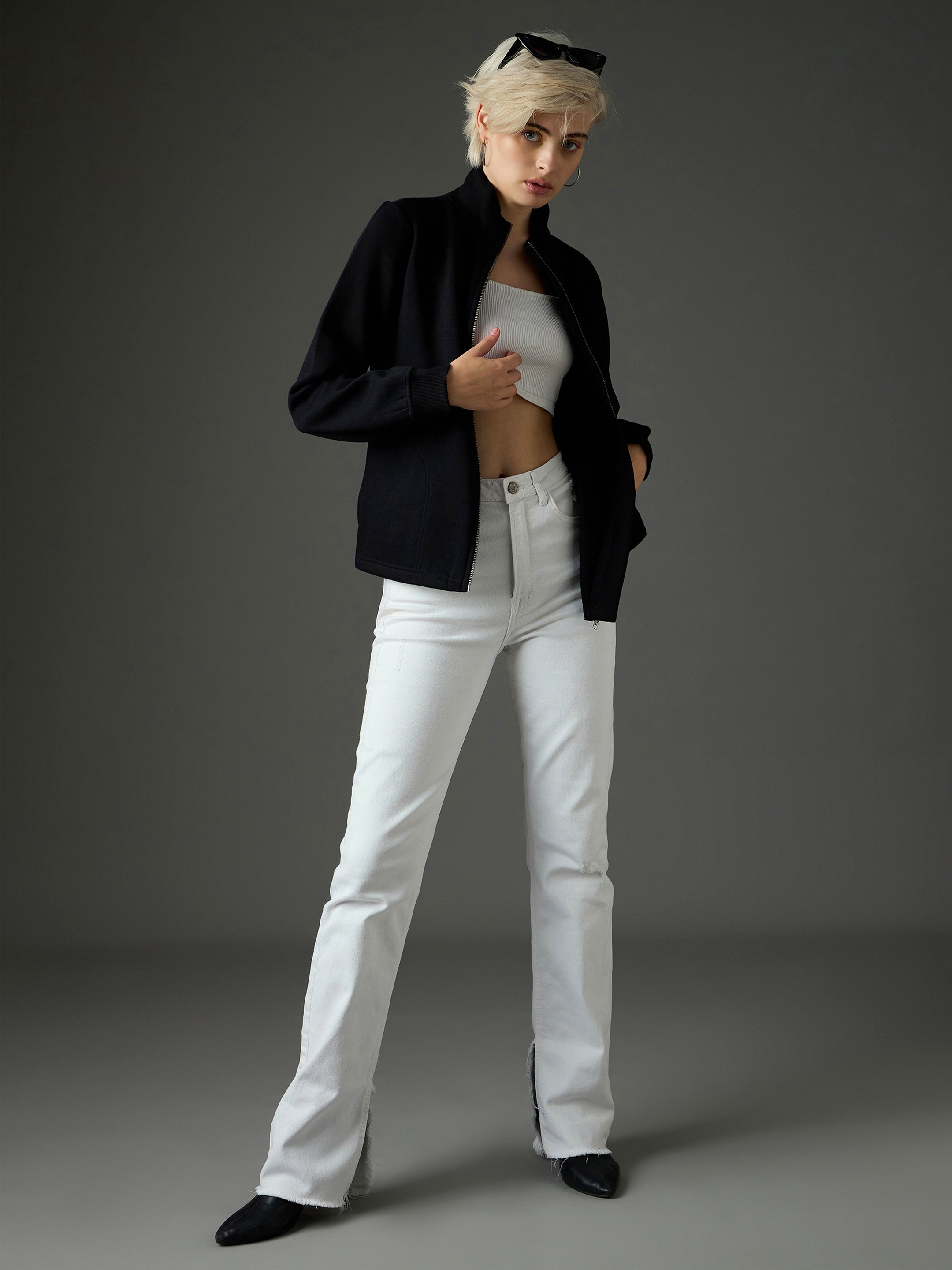 Women Black Fleece Front Zipper Jacket-SFJCKT60364