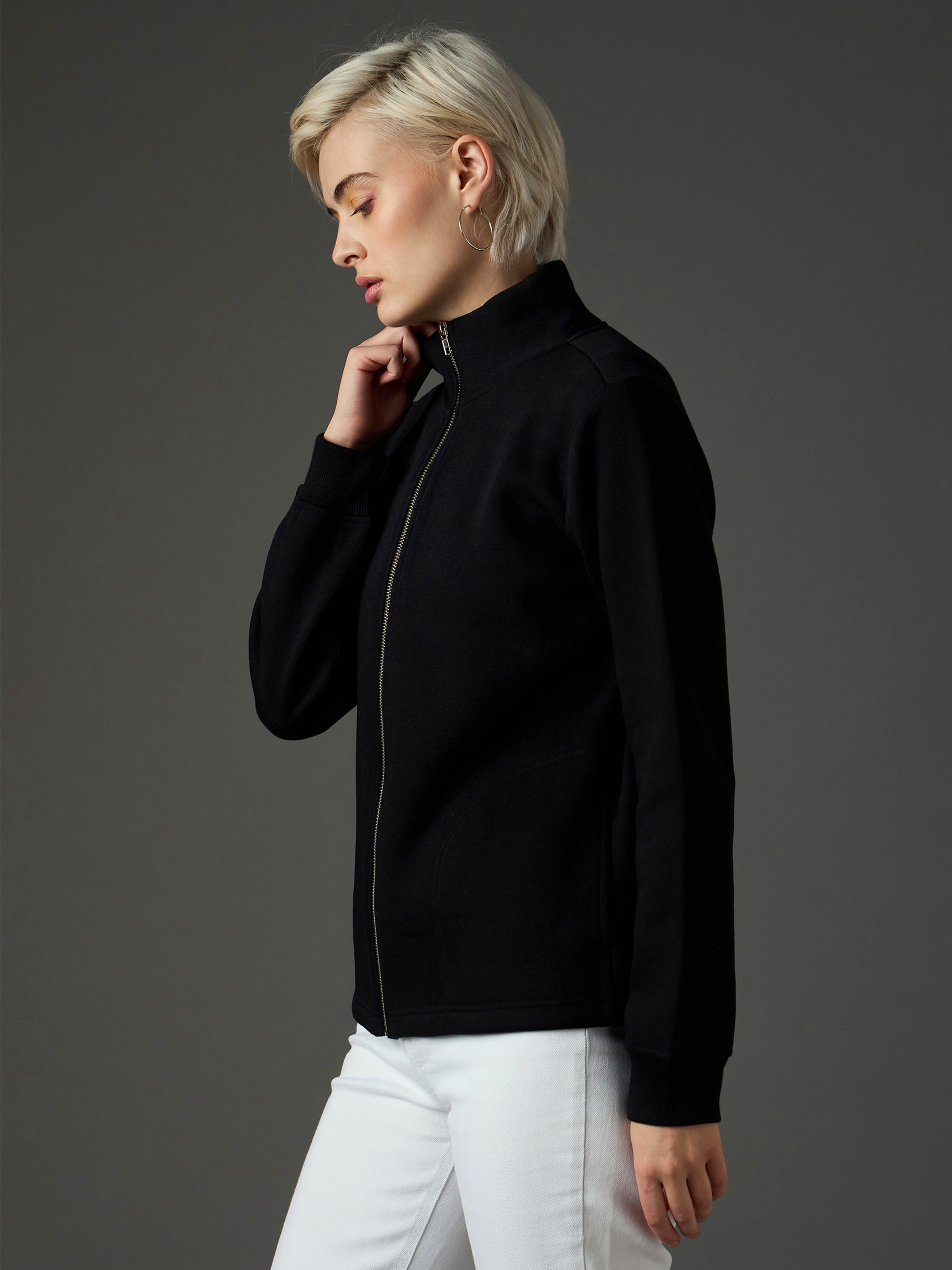 Women Black Fleece Front Zipper Jacket-SFJCKT60364