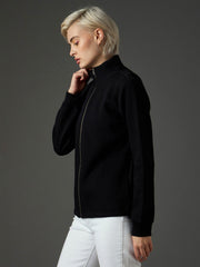 Women Black Fleece Front Zipper Jacket-SFJCKT60364