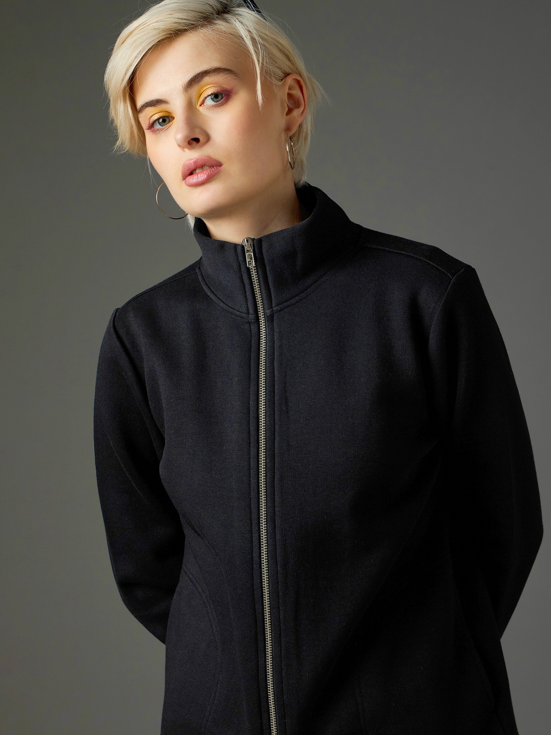Women Black Fleece Front Zipper Jacket-SFJCKT60364