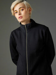 Women Black Fleece Front Zipper Jacket-SFJCKT60364