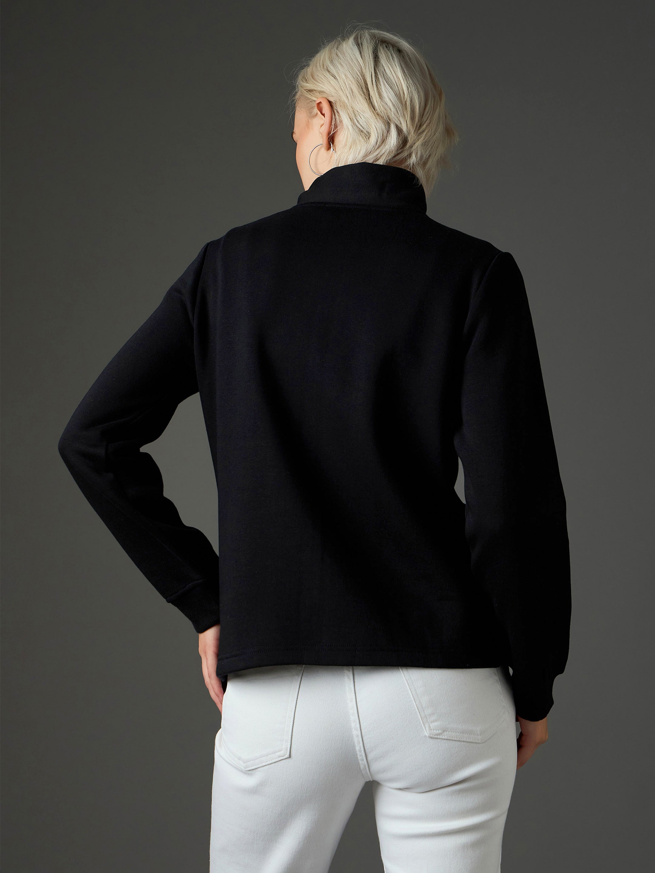 Women Black Fleece Front Zipper Jacket-SFJCKT60364