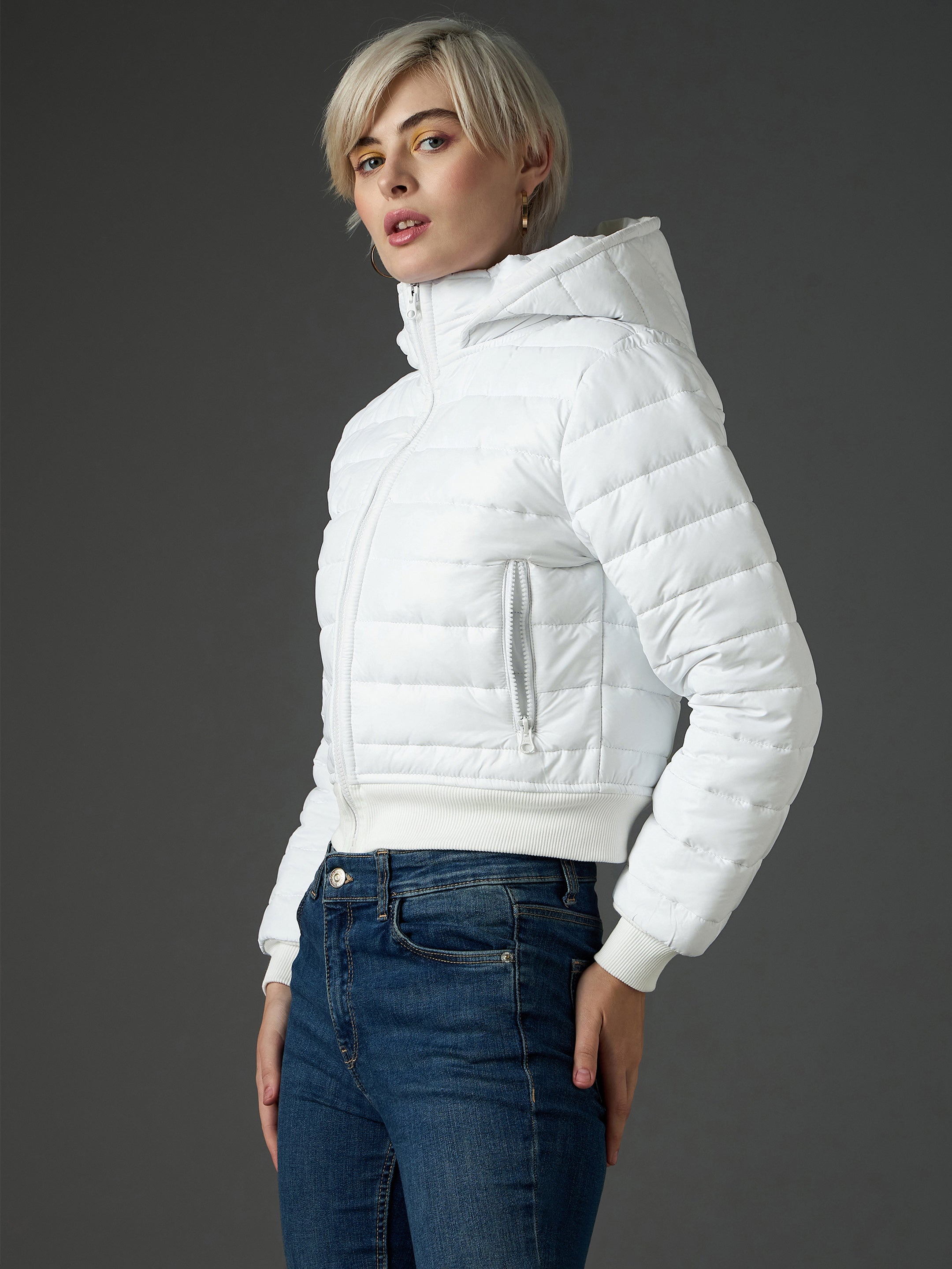 Women White Hooded Crop Bomber Puffer Jacket-SFJCKT60365