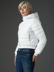 Women White Hooded Crop Bomber Puffer Jacket-SFJCKT60365
