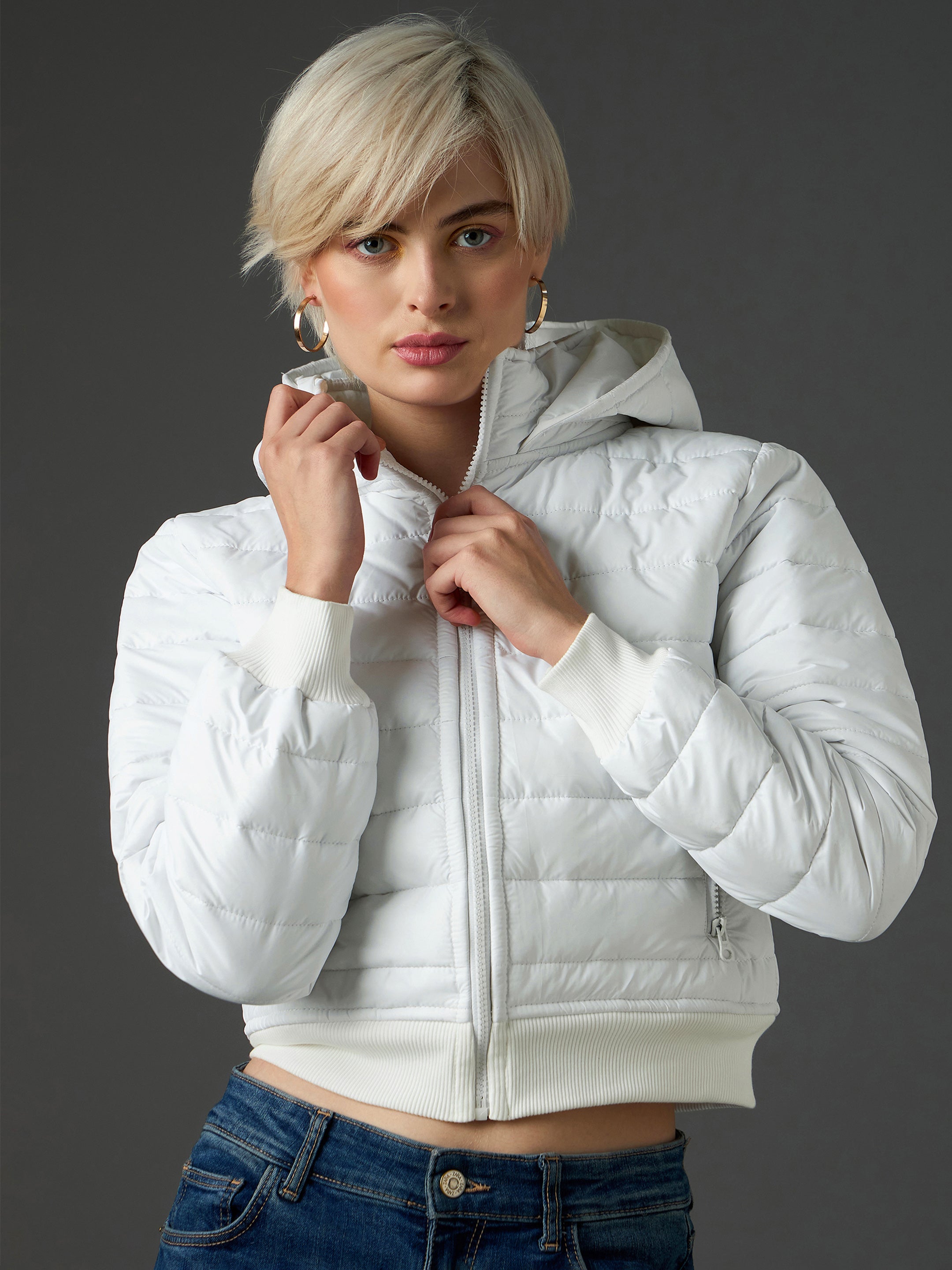 Women White Hooded Crop Bomber Puffer Jacket-SFJCKT60365